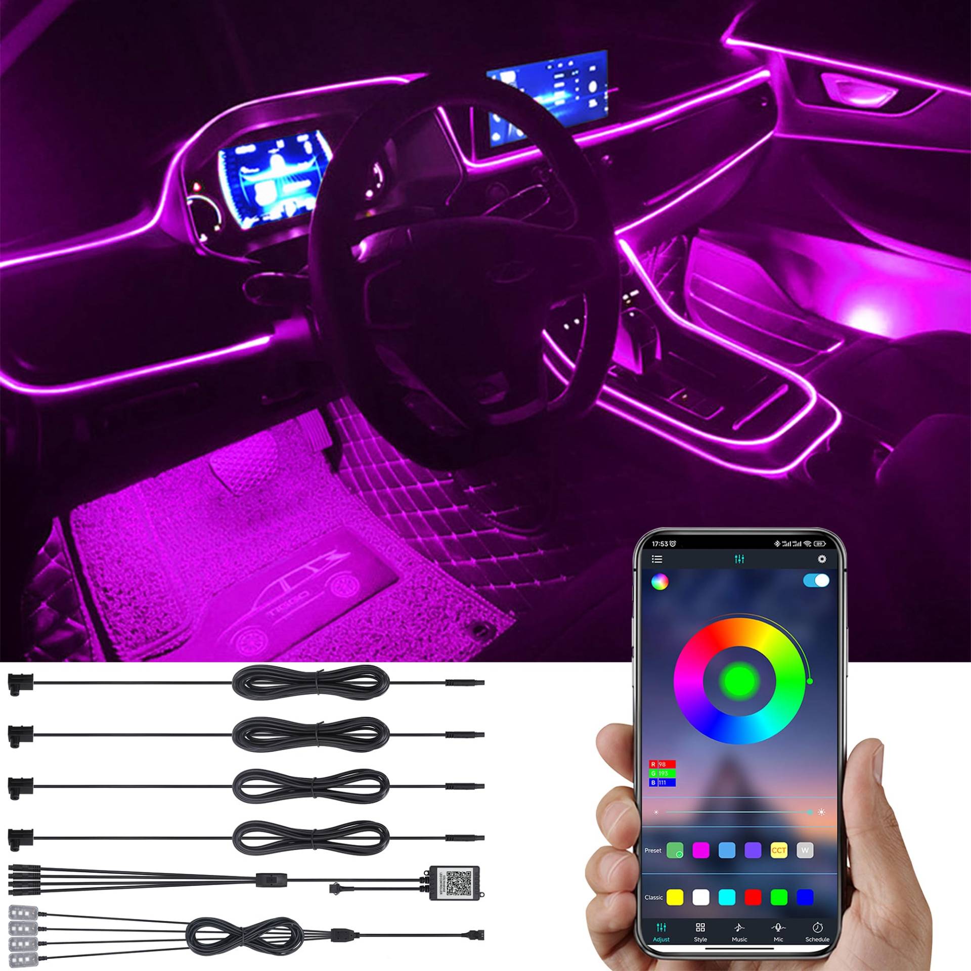 TABEN Auto Umgebungsbeleuchtung Kit 5 m Glasfaser 64 Farben Bluetooth APP-Steuerung USB Auto Fußraum Atmosphärenlicht, DIY 16 Millionen RGB Mehrfarbig Soun Musik Sync Auto Innenbeleuchtung DC 12 V von TABEN