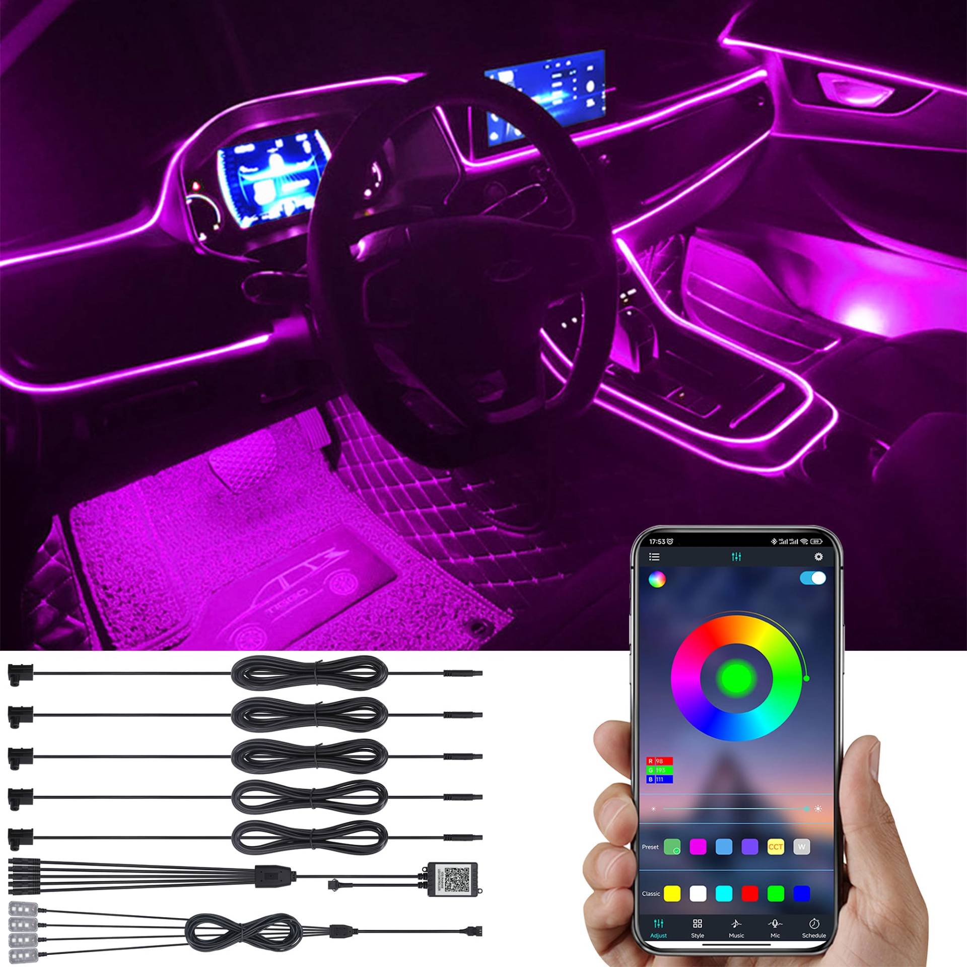 TABEN Auto Umgebungsbeleuchtung Kit 6 m Glasfaser 64 Farben Bluetooth APP-Steuerung USB Auto Fußraum Atmosphärenlicht, DIY 16 Millionen RGB Mehrfarbig Soun Musik Sync Auto Innenbeleuchtung DC 12 V von TABEN