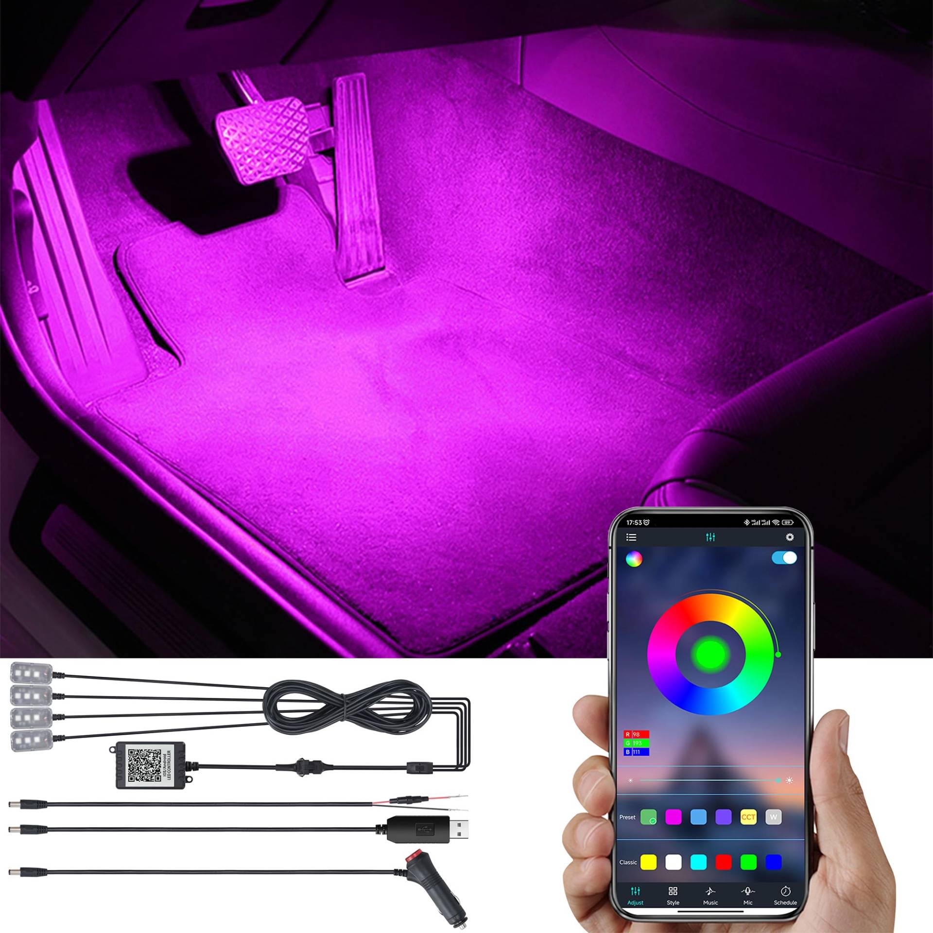 TABEN Auto Umgebungsbeleuchtung Kit 64 Farben Bluetooth APP Steuerung USB Auto Fußraum Atmosphäre Licht, DIY 16 Millionen RGB Mehrfarbig Sound Active Musik Sync Auto Innenbeleuchtung DC 12V von TABEN