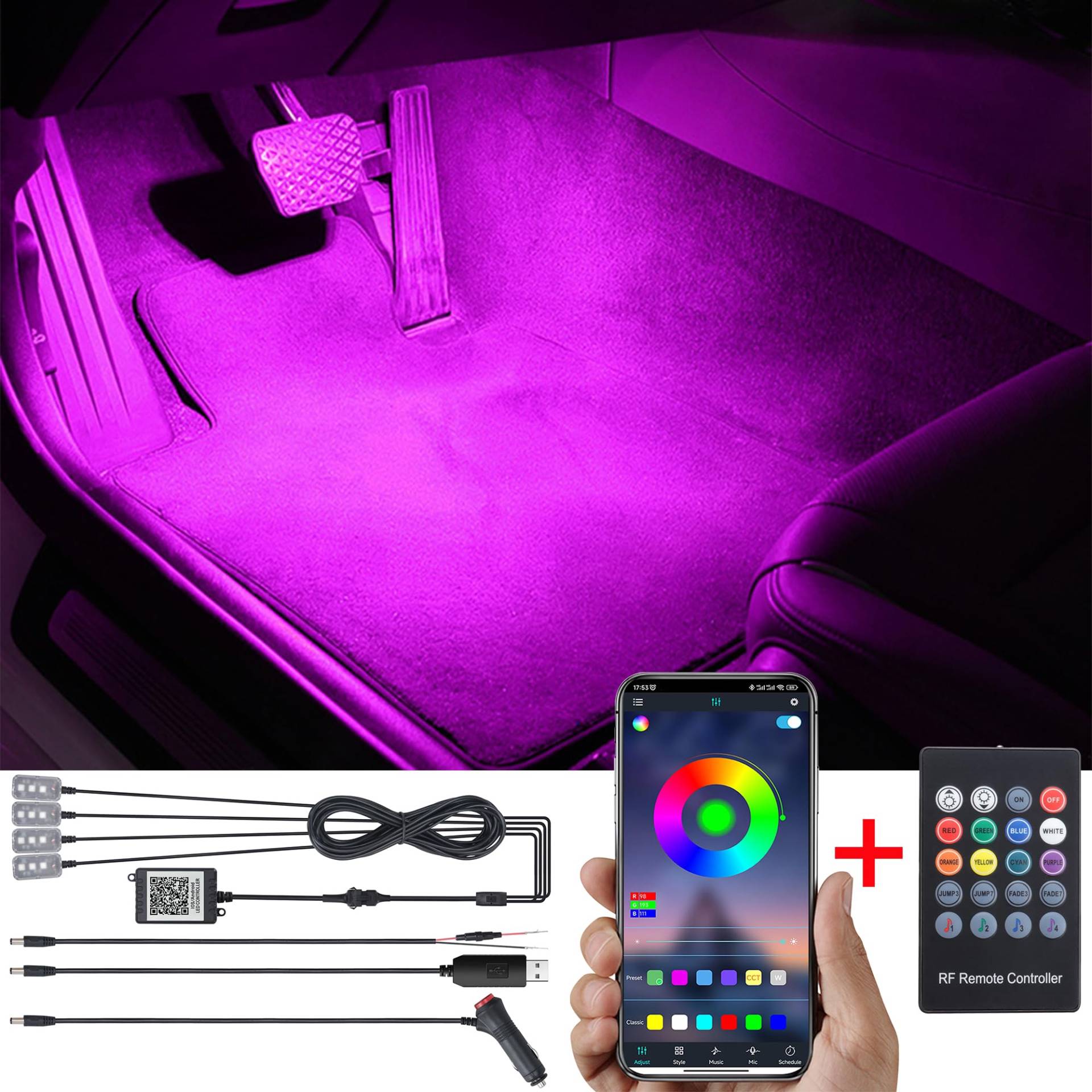 TABEN Auto Umgebungsbeleuchtung Kit 64 Farben RF Fernbedienung + Bluetooth APP Steuerung USB Auto Fußraum Atmosphärenlicht, DIY 16 Millionen RGB Mehrfarbig Sound Musik Sync Auto Innenbeleuchtung 12V von TABEN