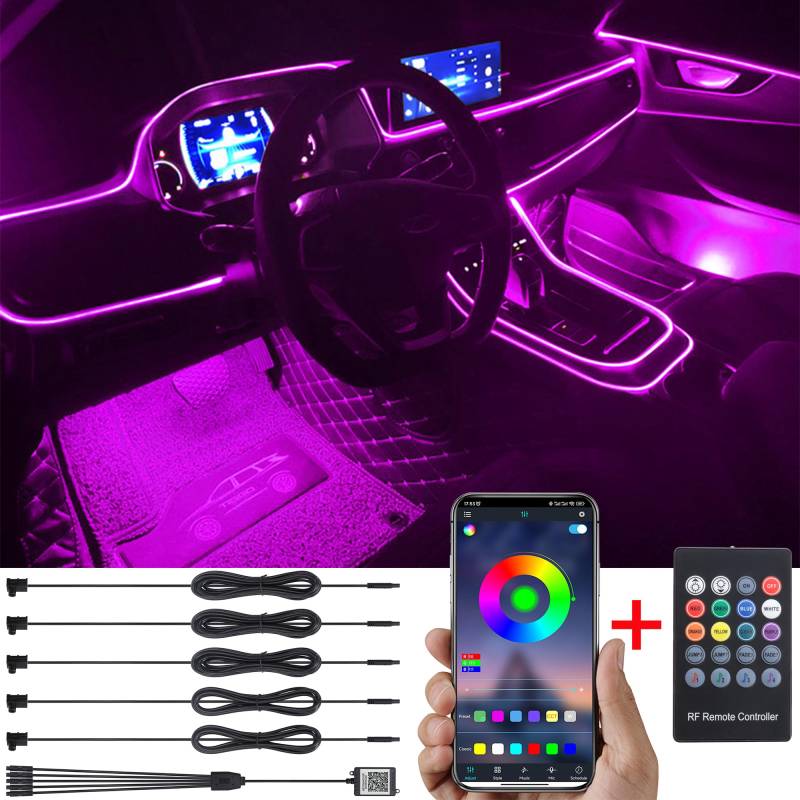 TABEN Auto Umgebungsbeleuchtung Kit 6m Glasfaser 64 Farben RF Fernbedienung + Bluetooth APP Steuerung USB Auto Atmosphäre Licht, DIY 16 Millionen RGB Mehrfarbig Sound Musik Sync Auto Innenbeleuchtung von TABEN