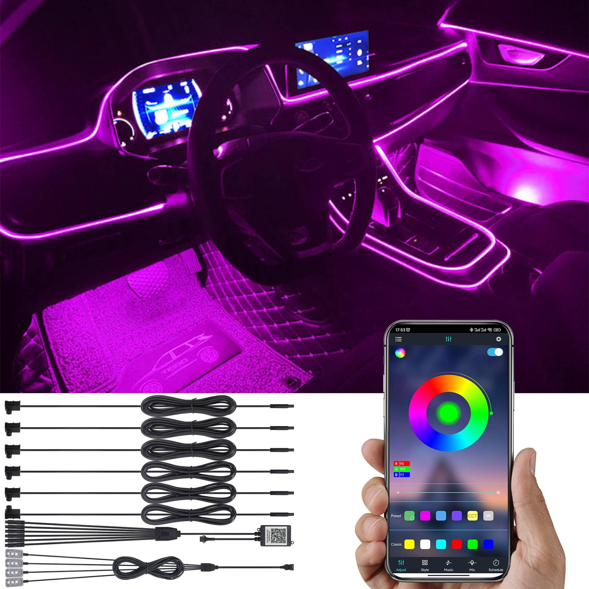 TABEN Auto Umgebungsbeleuchtung Kit 8 m Glasfaser 64 Farben Bluetooth APP-Steuerung USB Auto Fußraum Atmosphärenlicht, DIY 16 Millionen RGB Mehrfarbig Soun Musik Sync Auto Innenbeleuchtung DC 12 V von TABEN