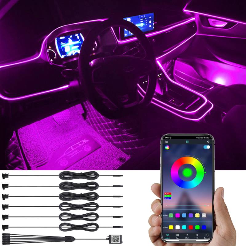 TABEN Umgebungsbeleuchtung Kit 8m Glasfaser 64 Farben Bluetooth APP Steuerung USB Auto Atmosphäre Licht, DIY 16 Millionen RGB Mehrfarbig Sound Musik Sync Innenbeleuchtung DC 12V von TABEN