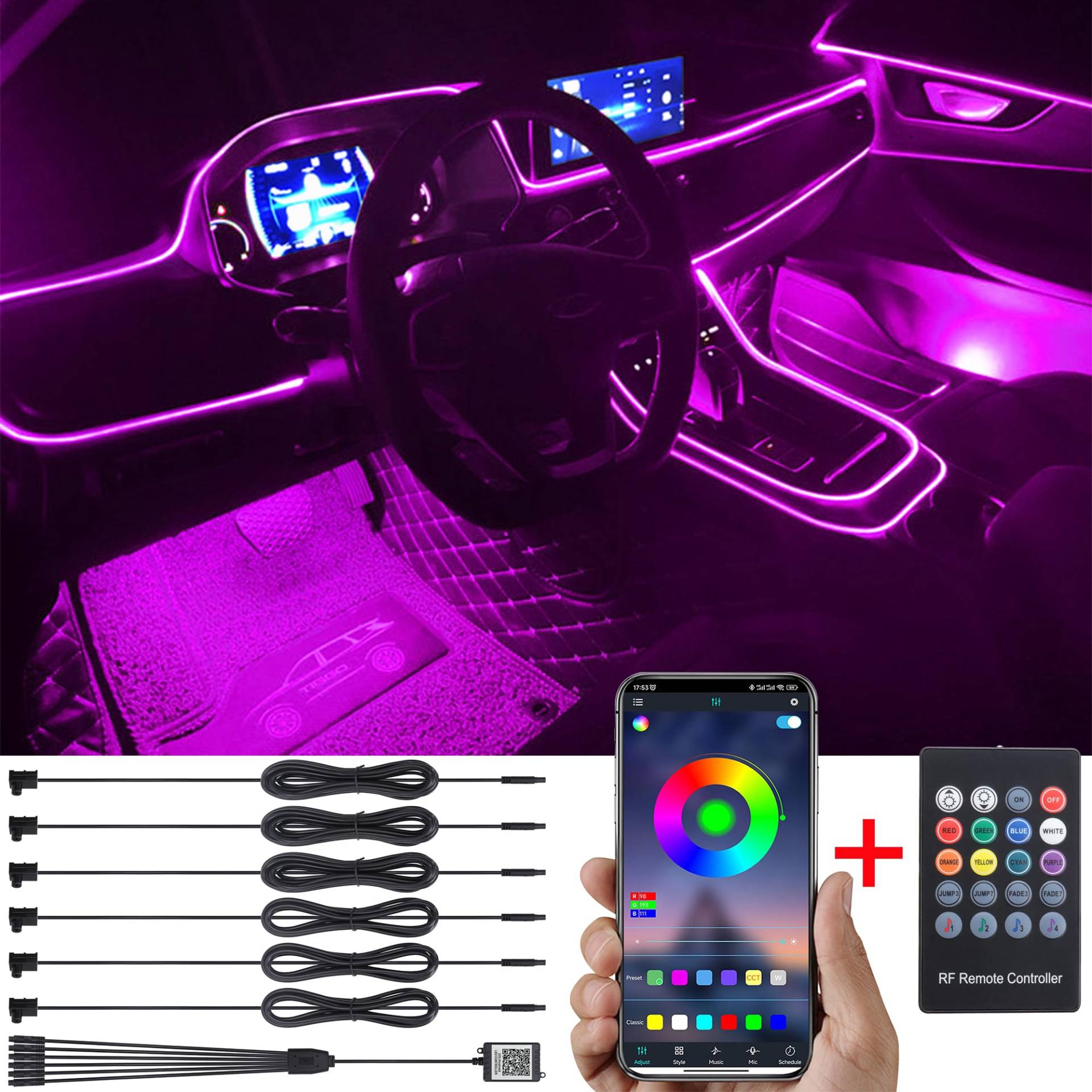 TABEN Auto Umgebungsbeleuchtung Kit 8m Glasfaser 64 Farben RF Fernbedienung + Bluetooth APP Steuerung USB Auto Atmosphäre Licht, DIY 16 Millionen RGB Mehrfarbig Sound Musik Sync Auto Innenbeleuchtung von TABEN