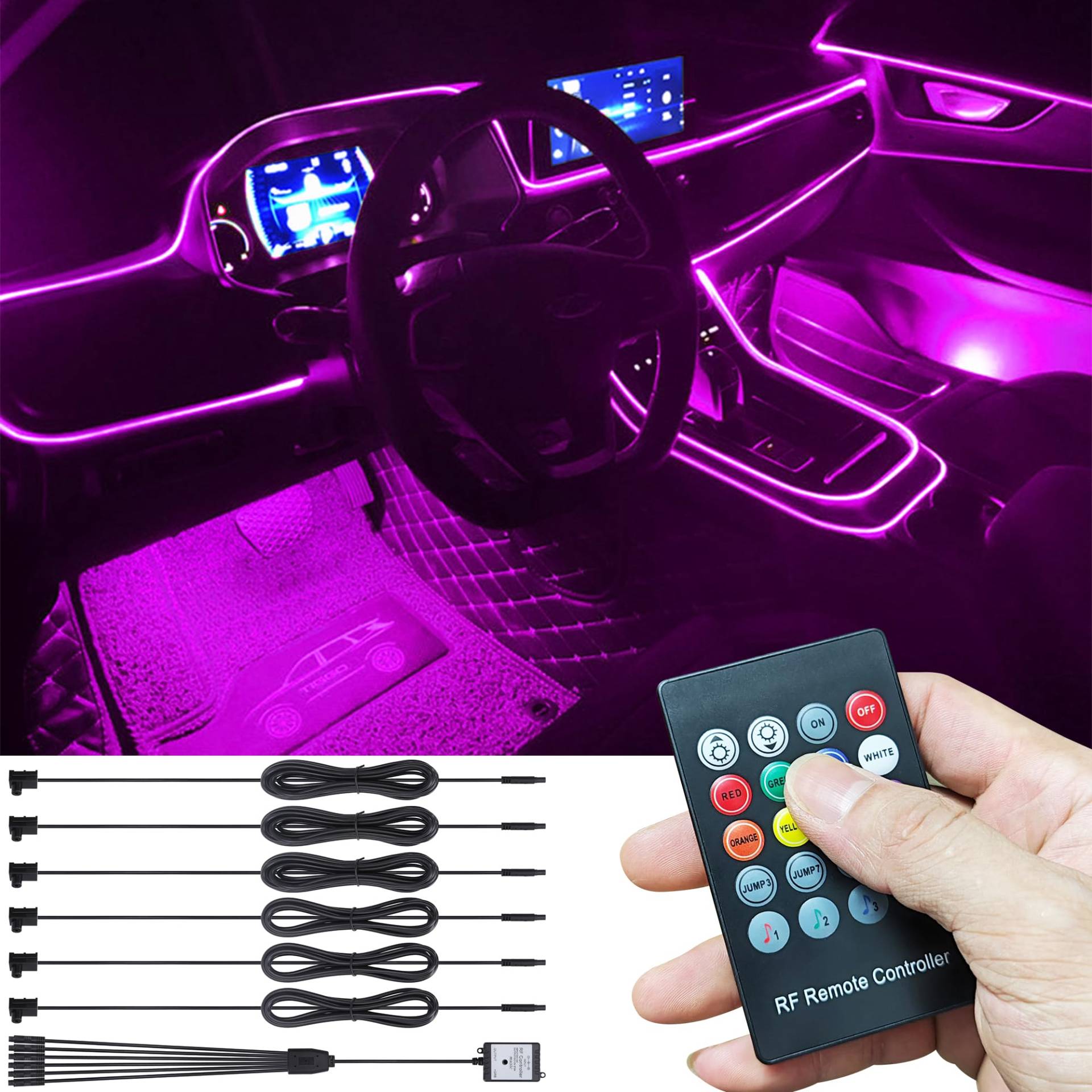 TABEN Auto Umgebungsbeleuchtung Kit 8m Glasfaser 8 Farben RF Fernbedienung USB Auto Atmosphäre Licht, DIY RGB Mehrfarbig Sound Musik Sync Auto Innenbeleuchtung DC 12V von TABEN