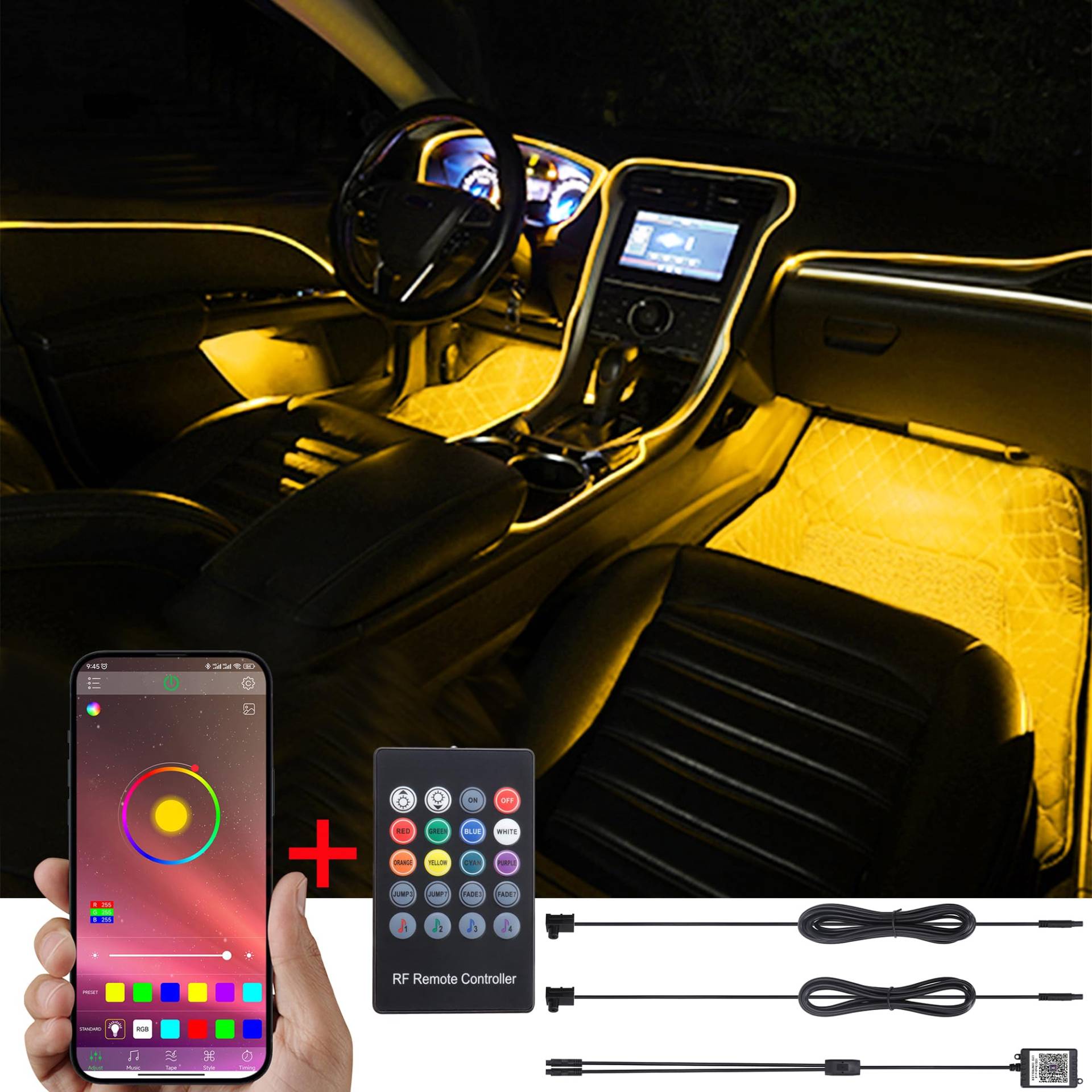 TABEN Auto-Umgebungsbeleuchtungs-Kit, 2 in 1 mit 3 m Glasfaser-Mehrfarben-Autobeleuchtungs-Kit, Musik-Rhythmus-Sound-Aktiver Speicherfunktion, drahtloser Fernbedienung und Bluetooth-APP-Steuerung 12V von TABEN