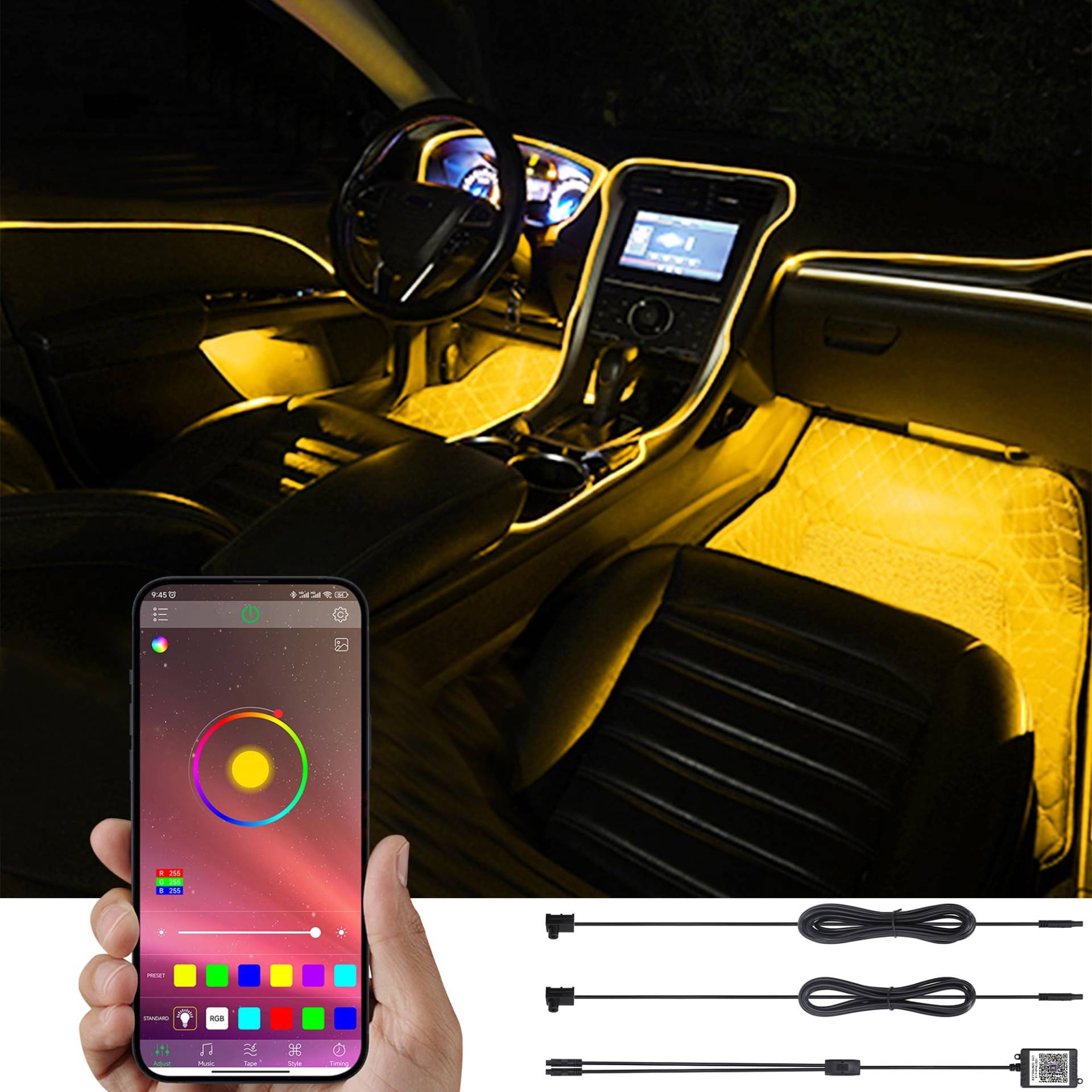 TABEN Auto-Umgebungsbeleuchtungs-Kit, 2 in 1 mit 3m Fiber Optic Multicoloured Car Atmosphere Lighting Kit, Musik-Rhythmus-Sound-Aktiver Speicherfunktion und Bluetooth-APP-Steuerung DC 12V von TABEN