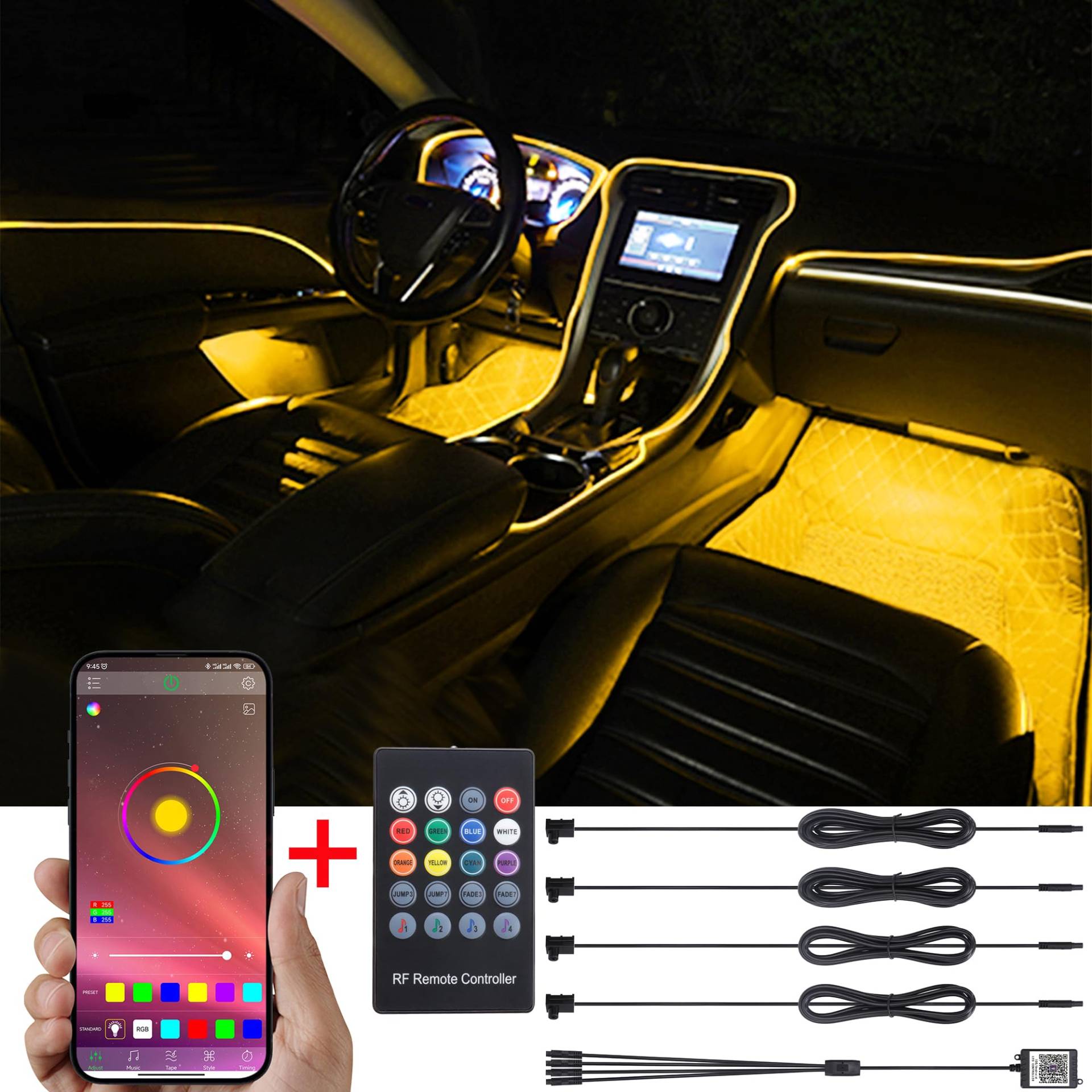 TABEN Auto-Umgebungsbeleuchtungs-Kit, 4 in 1 mit 4 m Glasfaser-Mehrfarben-Autobeleuchtungs-Kit, Musik-Rhythmus-Sound-Aktiver Speicherfunktion, drahtloser Fernbedienung und Bluetooth-APP-Steuerung 12V von TABEN