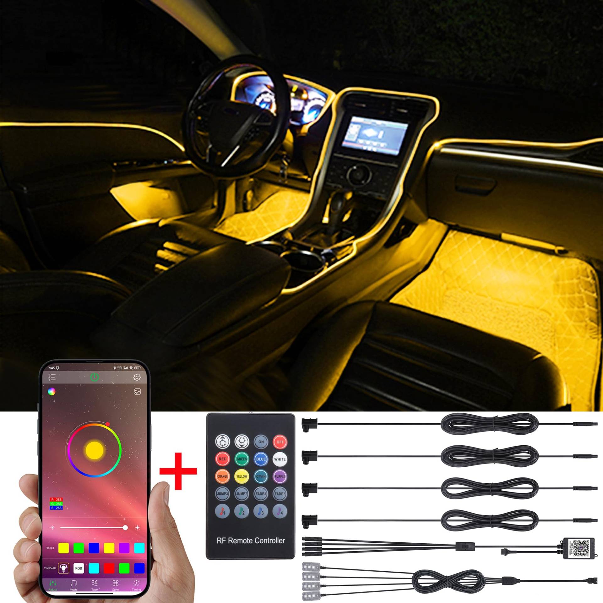 TABEN Auto-Umgebungsbeleuchtungs-Kit, 4 in 1 mit 5 m mehrfarbiger Glasfaser-Fußraumbeleuchtung, Musik-Rhythmus-Sound, aktiver Speicherfunktion, drahtloser Fernbedienung und Bluetooth-APP-Steuerung 12V von TABEN
