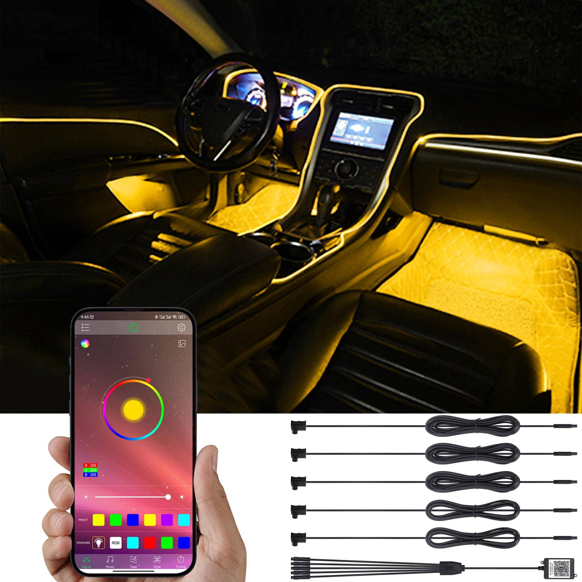 TABEN Auto-Umgebungsbeleuchtungs-Kit, 5 in 1 mit 6m Fiber Optic Multicoloured Car Atmosphere Lighting Kit, Musik-Rhythmus-Sound-Aktiver Speicherfunktion und Bluetooth-APP-Steuerung DC 12V TABEN Auto-Umgebungsbeleuchtungs-Kit, 5 in 1 mit 6m Fiber Optic Multicoloured Car Atmosphere Lighting Kit, Musik-Rhythmus-Sound-Aktiver Speicherfunktion und Bluetooth-APP-Steuerung DC 12V von TABEN