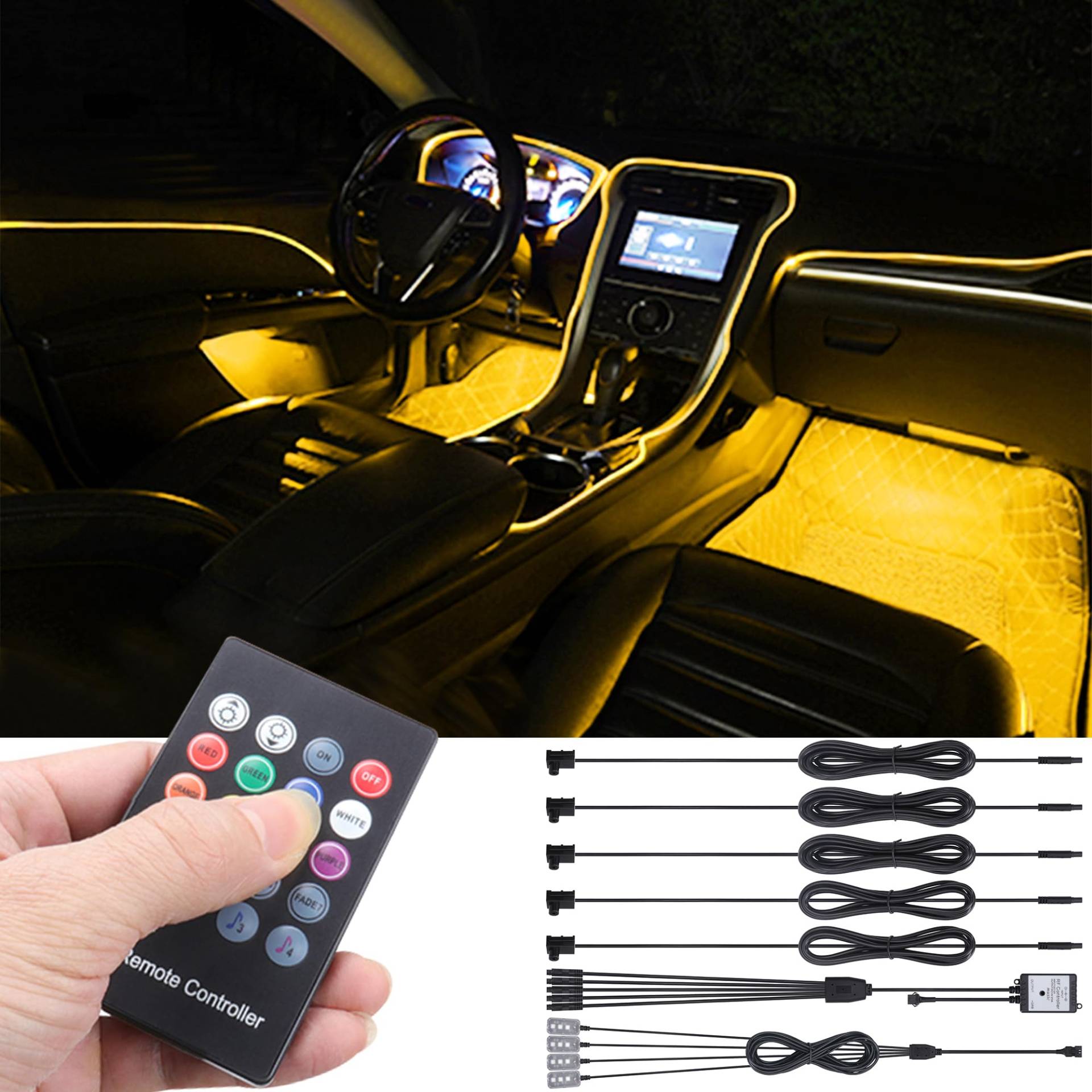 TABEN Auto-Umgebungsbeleuchtungs-Kit, 5 in 1 mit 6m Glasfaser Mehrfarbige Fußraum Atmosphäre Licht Kit, Musik Rhythm Sound Aktive Memory Funktion Drahtlose Fernbedienung von TABEN