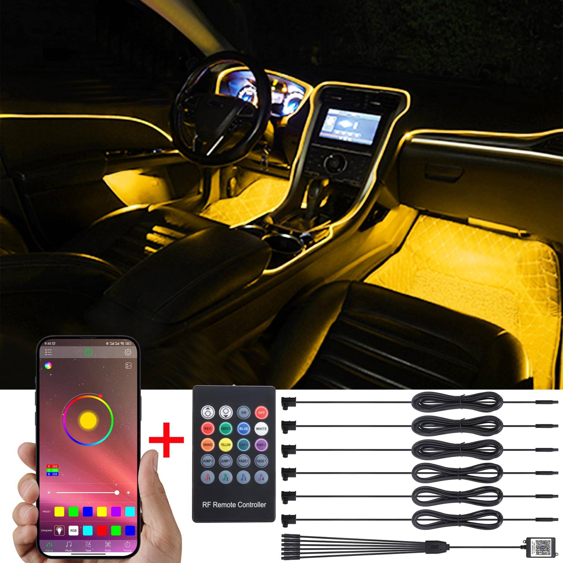 TABEN Auto-Umgebungsbeleuchtungs-Kit, 6 in 1 mit 8 m Glasfaser-Mehrfarben-Autobeleuchtungs-Kit, Musik-Rhythmus-Sound-Aktiver Speicherfunktion, drahtloser Fernbedienung und Bluetooth-APP-Steuerung 12V von TABEN