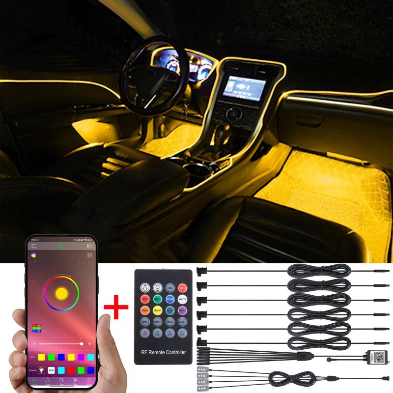 TABEN Auto-Umgebungsbeleuchtungs-Kit, 6 in 1 mit 8 m mehrfarbiger Glasfaser-Fußraumbeleuchtung, Musik-Rhythmus-Sound, aktiver Speicherfunktion, drahtloser Fernbedienung und Bluetooth-APP-Steuerung 12V von TABEN