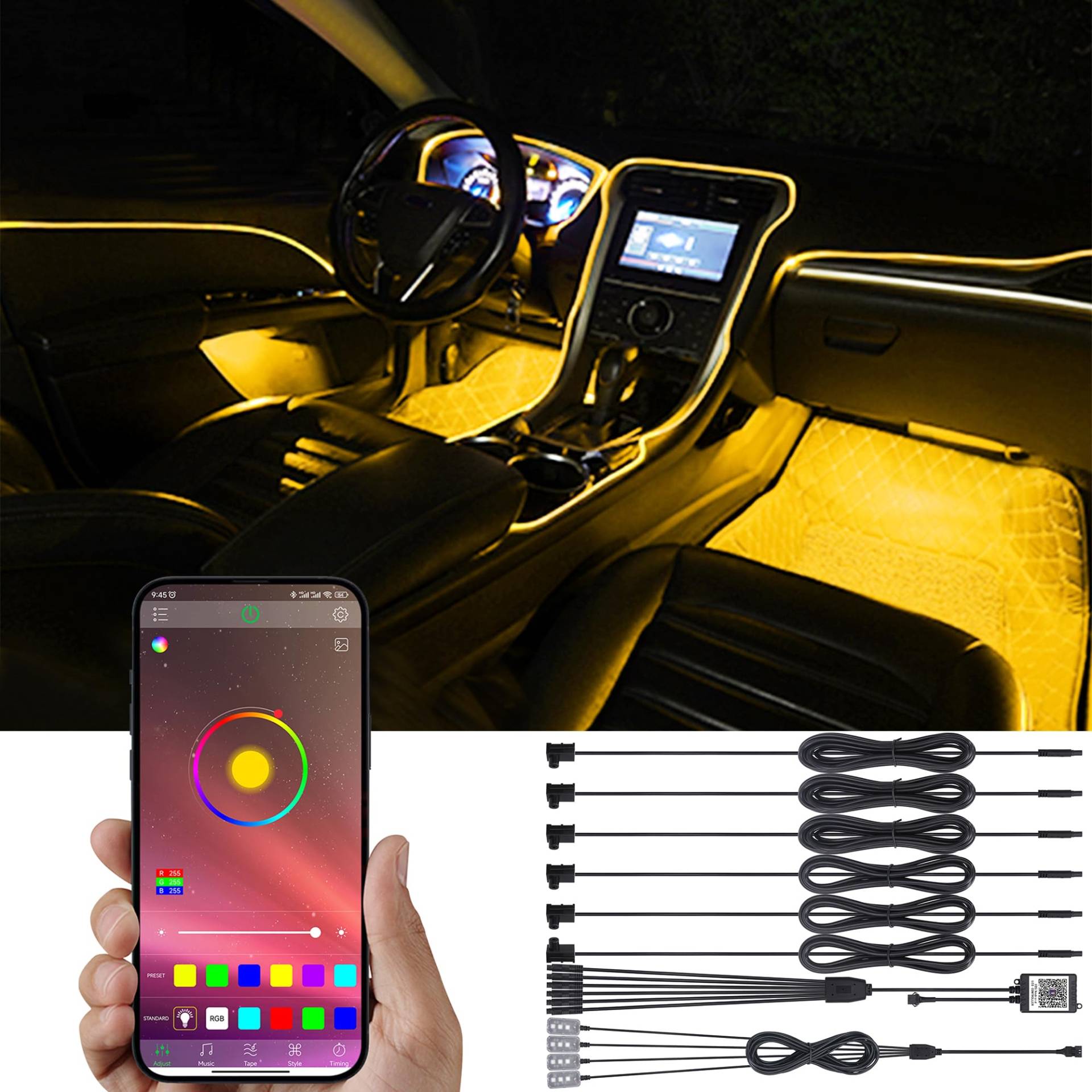 TABEN Auto-Umgebungsbeleuchtungs-Kit, 6 in 1 mit 8m Fiber Optic Multicolored Fußraum-Atmosphären-Beleuchtungs-Kit, Musik-Rhythmus-Sound Aktive Speicherfunktion Bluetooth APP-Steuerung DC 12V von TABEN