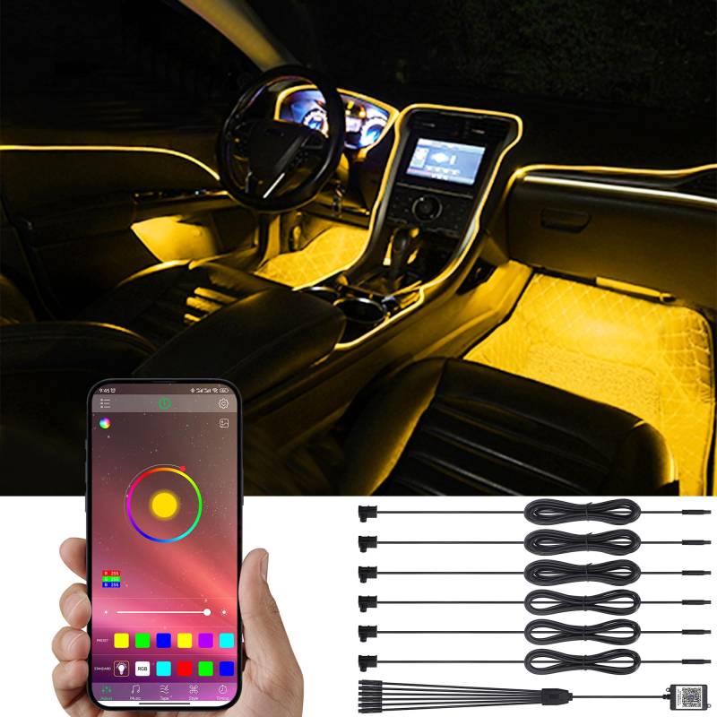 TABEN Auto-Umgebungsbeleuchtungs-Kit, 6 in 1 mit 8m Fiber Optic Multicoloured Car Atmosphere Lighting Kit, Musik-Rhythmus-Sound-Aktiver Speicherfunktion und Bluetooth-APP-Steuerung DC 12V von TABEN