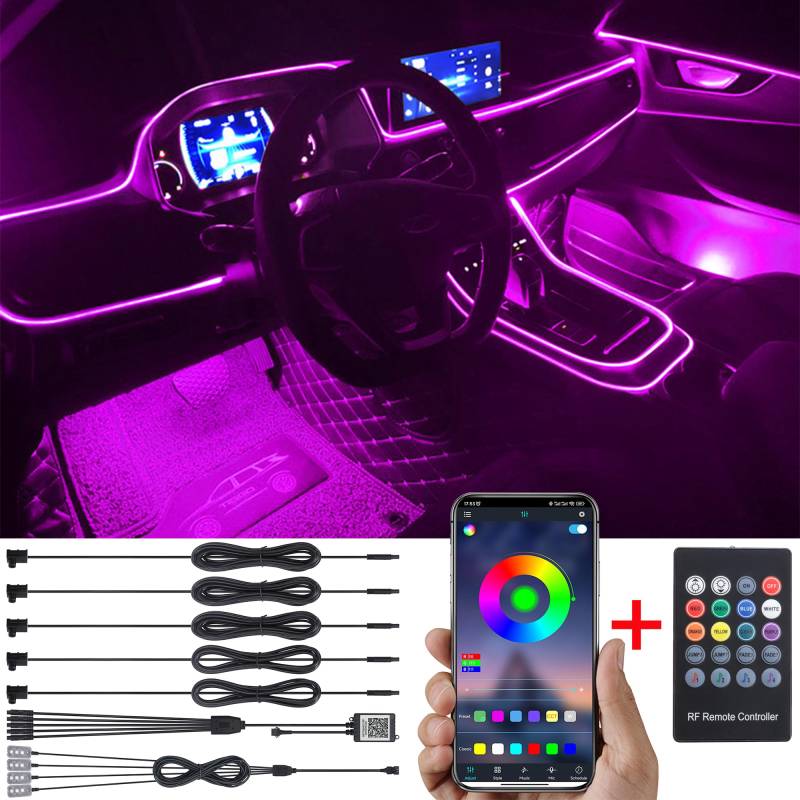 TABEN Umgebungsbeleuchtungs Kit - 6 m Glasfaser, 64 Farben, RF-Fernbedienung + APP-Steuerung, USB Fußraum Atmosphärenlicht, DIY 16 Millionen RGB Mehrfarbig Sound Musik Sync Auto Innenbeleuchtung von TABEN