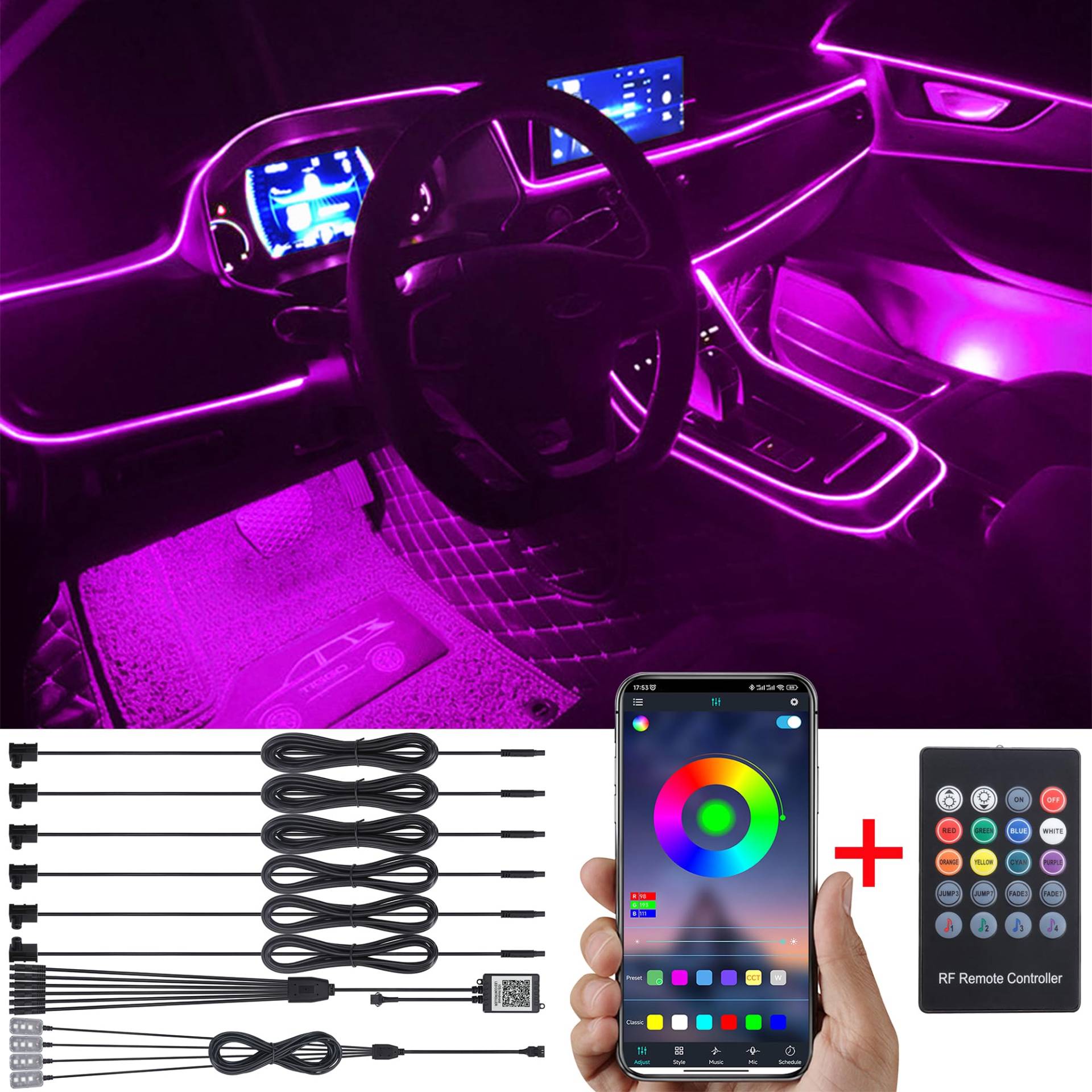 TABEN Auto Umgebungsbeleuchtungs Kit 8 m Glasfaser 64 Farben RF-Fernbedienung + APP-Steuerung USB Auto Fußraum Atmosphärenlicht, DIY 16 Millionen RGB Mehrfarbig Sound Musik Sync Auto Innenbeleuchtung von TABEN