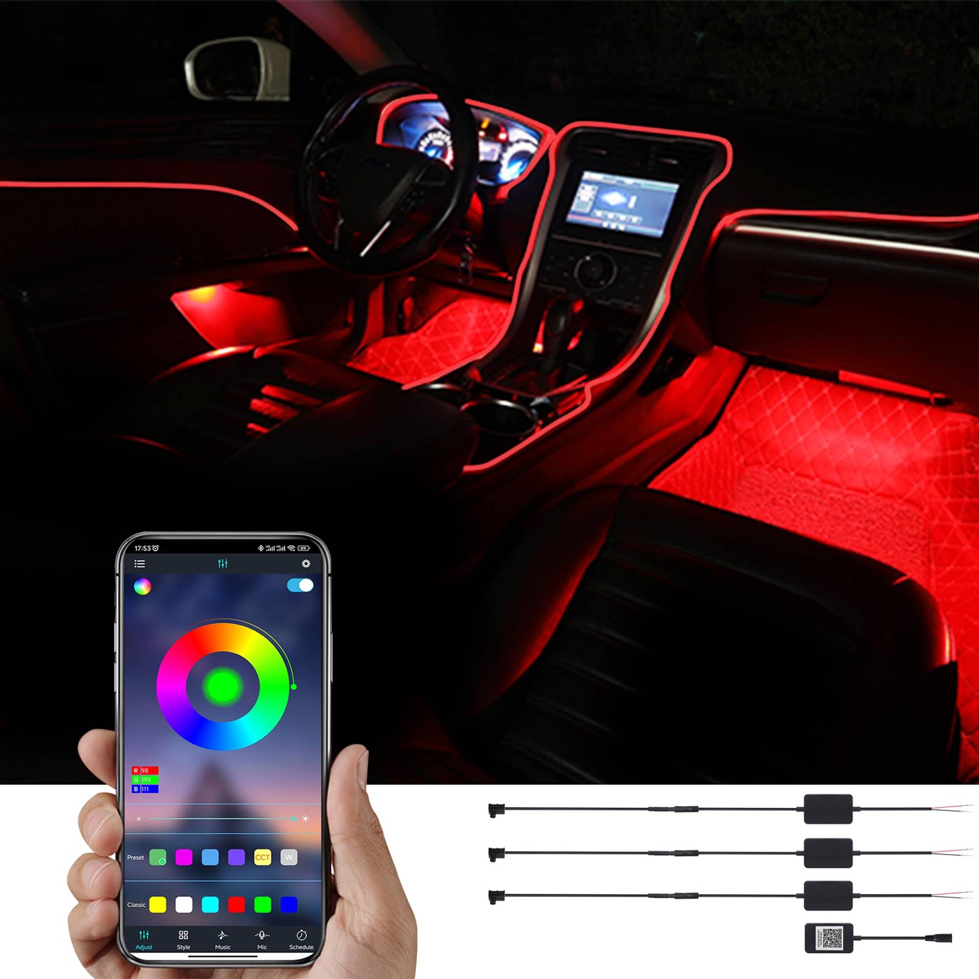 TABEN Auto-Umgebungslicht-Kit, 4 Meter integrierte Glasfaser-Beleuchtungssets für mehrfarbige Atmosphäre, Musik-Sync-Rhythmus-Sound-aktive Speicherfunktion, Bluetooth-APP-Steuerung, DC 12V-24V TABEN Auto-Umgebungslicht-Kit, 4 Meter integrierte Glasfaser-Beleuchtungssets für mehrfarbige Atmosphäre, Musik-Sync-Rhythmus-Sound-aktive Speicherfunktion, Bluetooth-APP-Steuerung, DC 12V-24V von TABEN