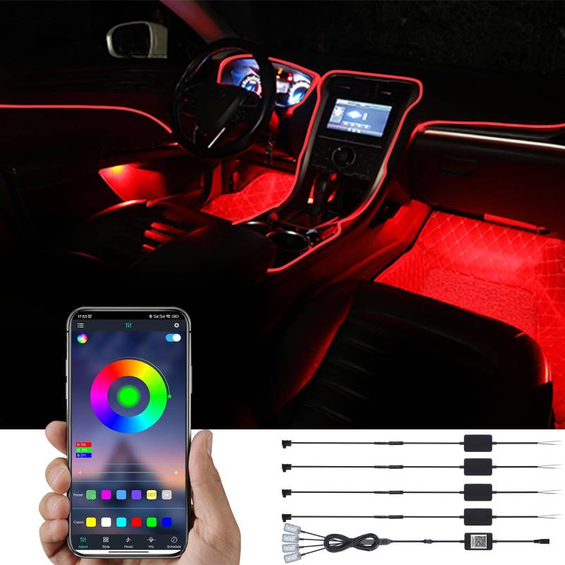 TABEN Auto-Umgebungslicht-Kit, 5 Meter integrierte Glasfaser-Mehrfarbige Fußraum-Atmosphäre-Beleuchtungs-Kits, Musik-Sync-Rhythmus-Sound-Aktive Speicherfunktion, Bluetooth-APP-Steuerung, DC 12V-24V von TABEN