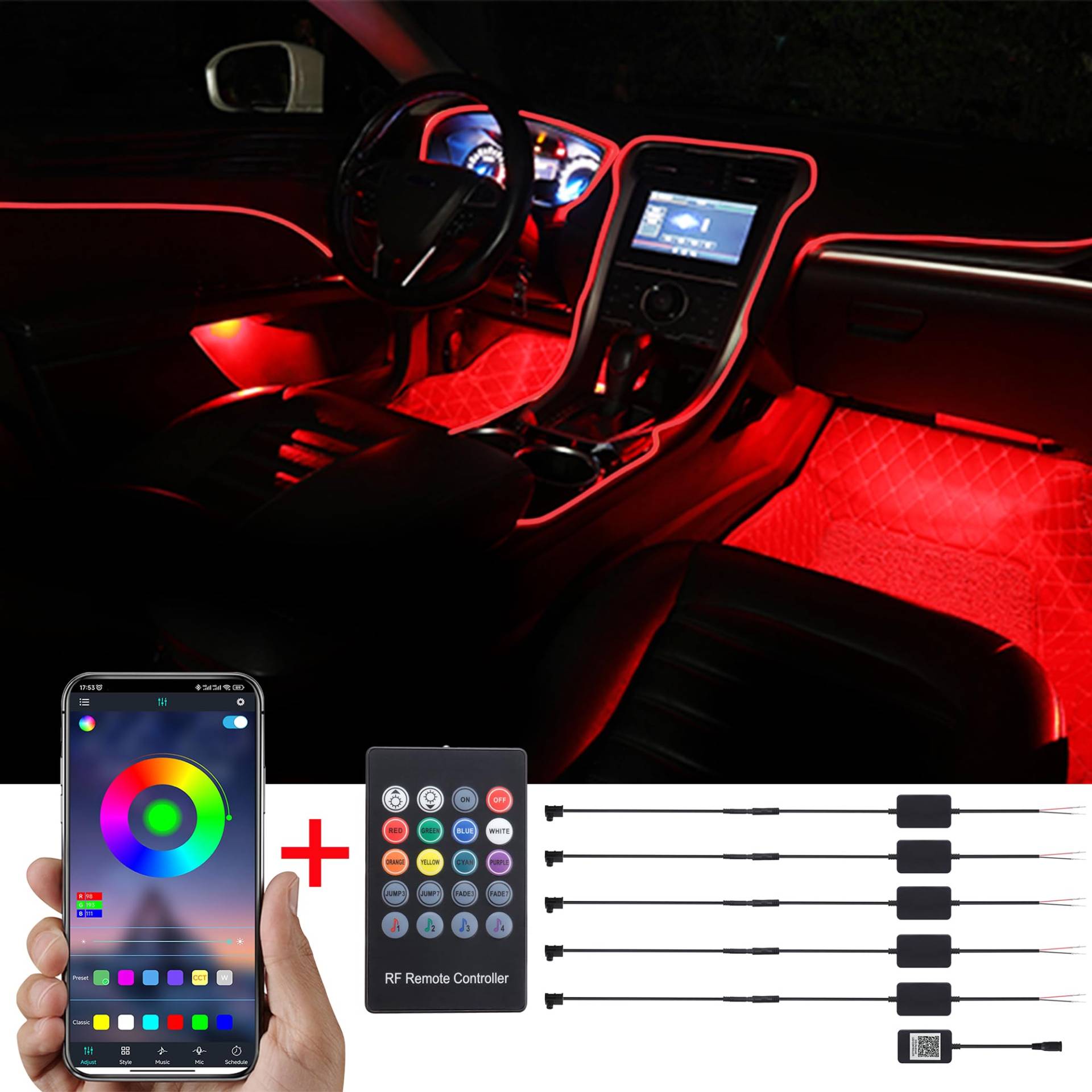 TABEN Auto-Umgebungslicht-Kit, 6 Meter Integrierte Glasfaser Mehrfarbige Atmosphärenbeleuchtung Musik Sync Sound Aktive Speicherfunktion, drahtlose Fernbedienung und Bluetooth APP-Steuerung 12V-24V TABEN Auto-Umgebungslicht-Kit, 6 Meter Integrierte Glasfaser Mehrfarbige Atmosphärenbeleuchtung Musik Sync Sound Aktive Speicherfunktion, drahtlose Fernbedienung und Bluetooth APP-Steuerung 12V-24V von TABEN