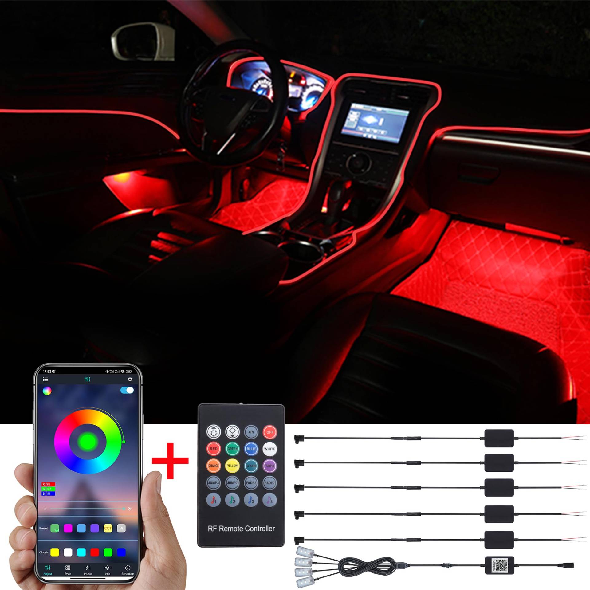 TABEN Auto Umgebungslicht Kit, 6 Meter Integrierte Glasfaser Mehrfarbige Fußraumbeleuchtung Musik Sync Sound Aktive Speicherfunktion Fernbedienung und Bluetooth APP Steuerung 12V-24V von TABEN