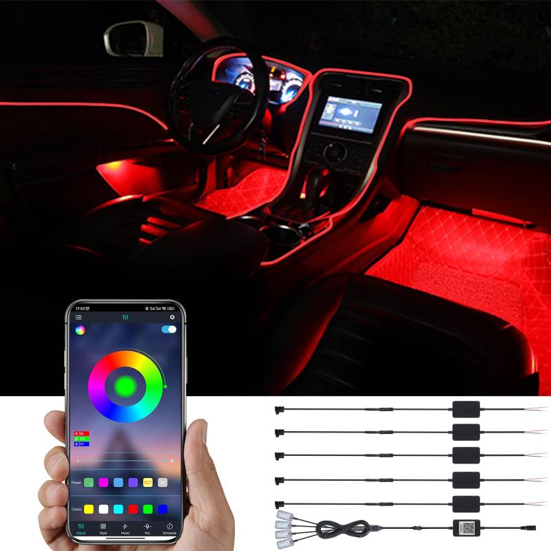 TABEN Auto-Umgebungslicht-Kit, 6 Meter integrierte Glasfaser-Mehrfarbige Fußraum-Atmosphäre-Beleuchtungs-Kits, Musik-Sync-Rhythmus-Sound-Aktive Speicherfunktion, Bluetooth-APP-Steuerung, DC 12V-24V von TABEN