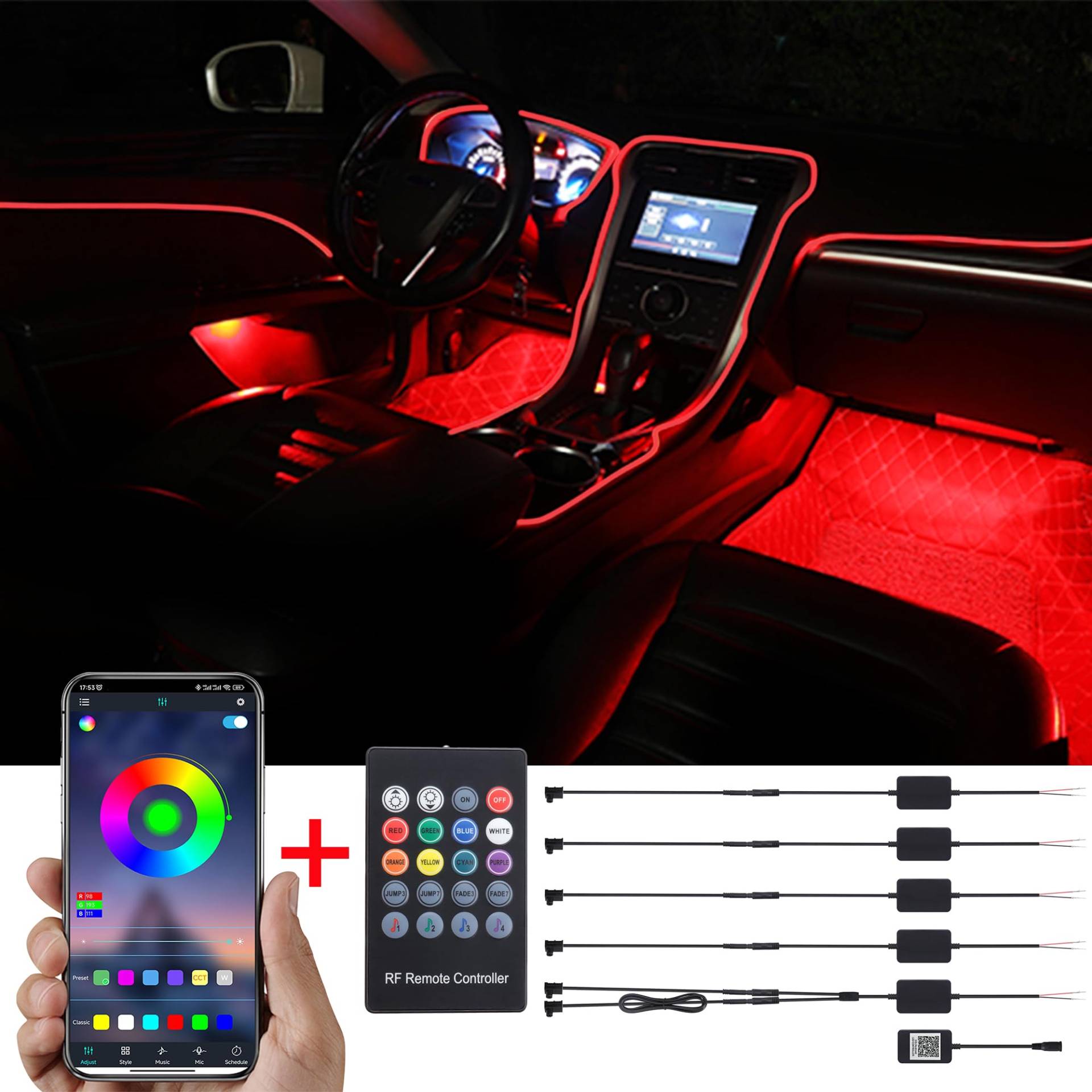 TABEN Auto-Umgebungslicht-Kit, 8 Meter Integrierte Glasfaser Mehrfarbige Atmosphärenbeleuchtung Musik Sync Sound Aktive Speicherfunktion, drahtlose Fernbedienung und Bluetooth APP-Steuerung 12V-24V von TABEN