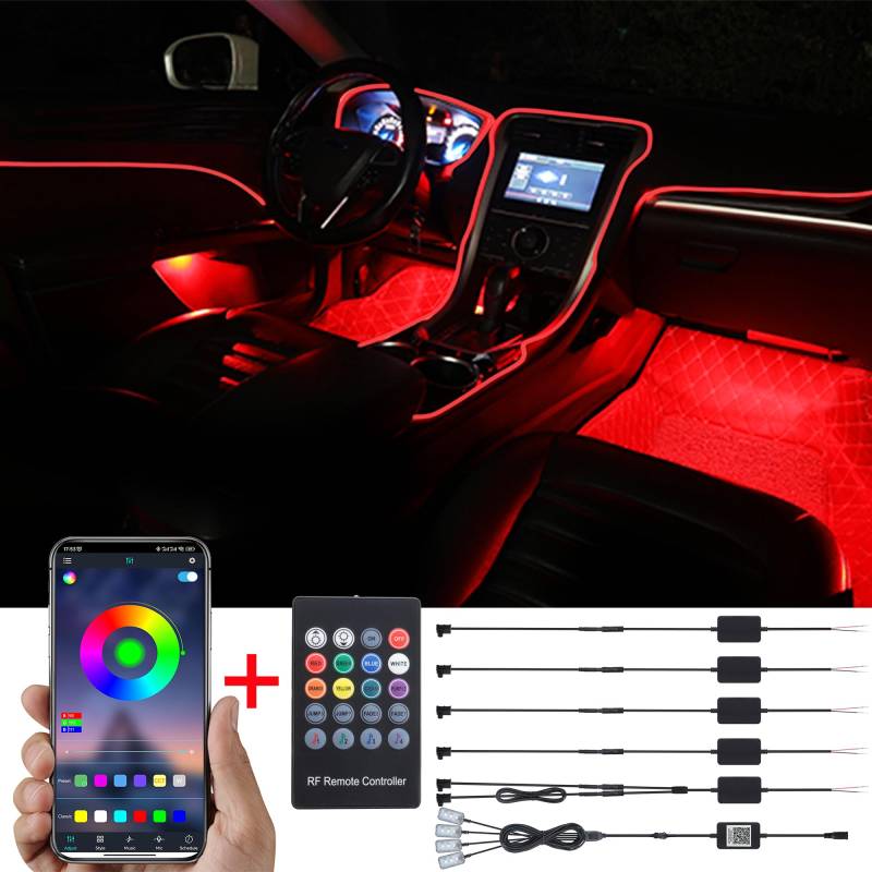 TABEN Auto Umgebungslicht Kit, 8 Meter Integrierte Glasfaser Mehrfarbige Fußraumbeleuchtung Musik Sync Sound Aktive Speicherfunktion Fernbedienung und Bluetooth APP Steuerung 12V-24V von TABEN