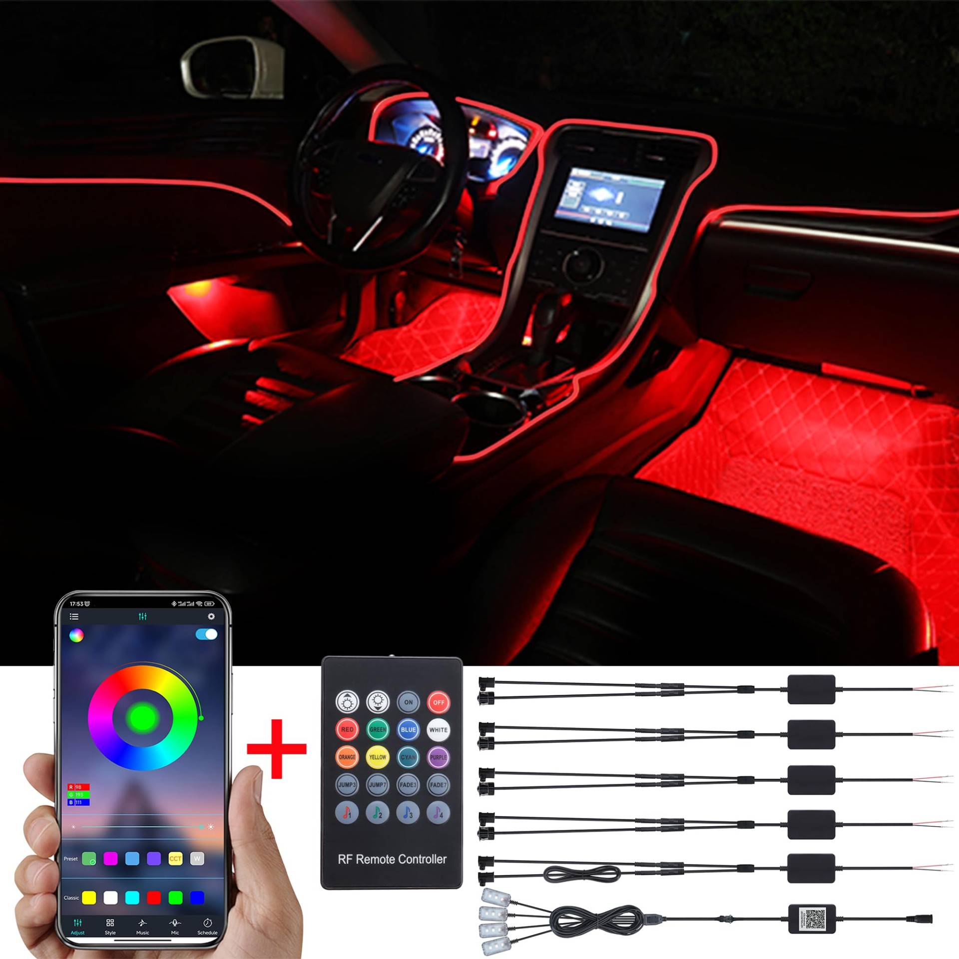 TABEN Auto-Umgebungslicht-Kit, 8 Meter Integrierte Glasfaser Mehrfarbiger Fußraum Atmosphärenbeleuchtung Musik Sync Sound Aktive Speicherfunktion Fernbedienung und Bluetooth APP-Steuerung 12V-24V TABEN Auto-Umgebungslicht-Kit, 8 Meter Integrierte Glasfaser Mehrfarbiger Fußraum Atmosphärenbeleuchtung Musik Sync Sound Aktive Speicherfunktion Fernbedienung und Bluetooth APP-Steuerung 12V-24V von TABEN