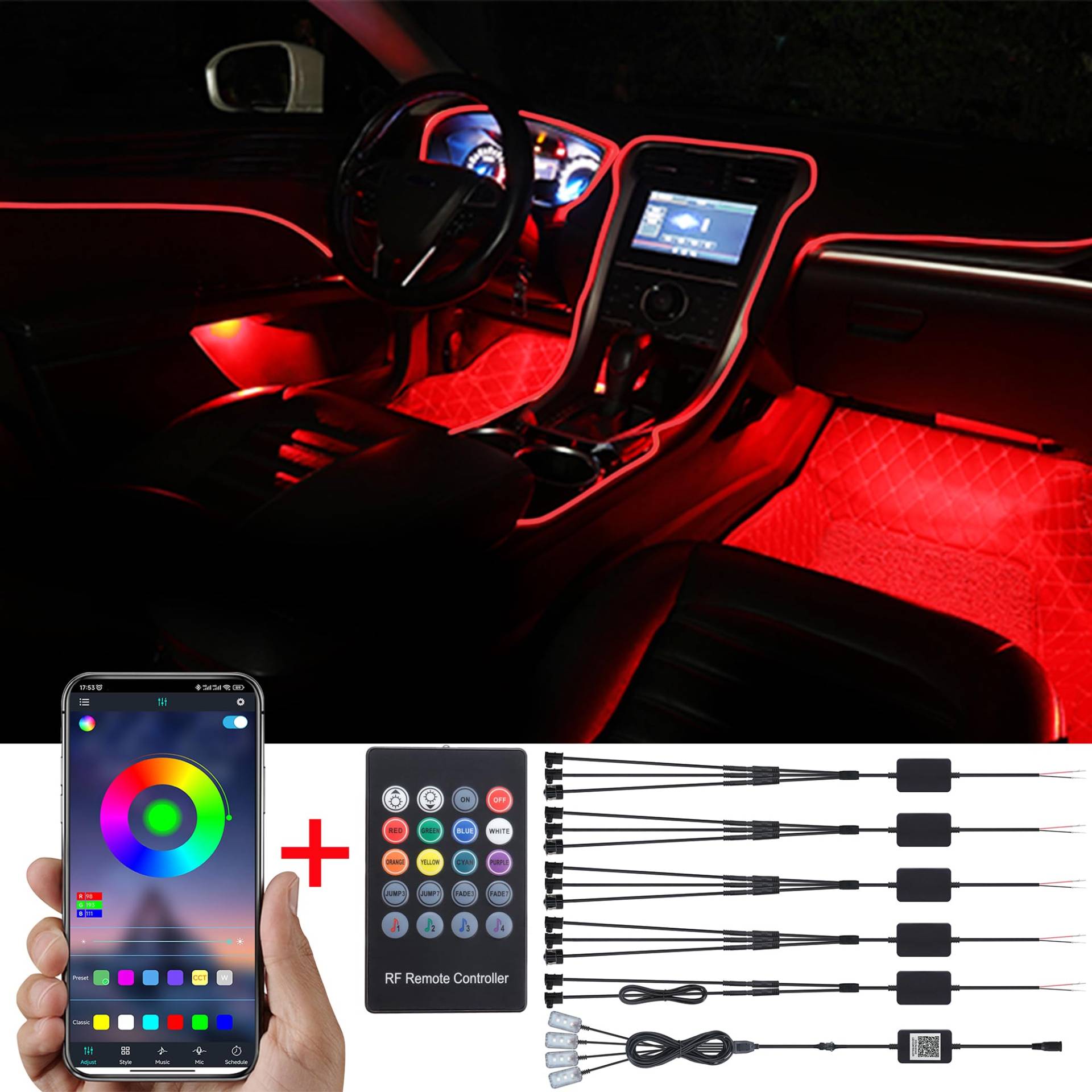 TABEN Auto-Umgebungslicht-Kit, 8 Meter Integrierte Glasfaser Mehrfarbiger Fußraum Atmosphärenbeleuchtung Musik Sync Sound Aktive Speicherfunktion Fernbedienung und Bluetooth APP-Steuerung DC 12V-24V von TABEN