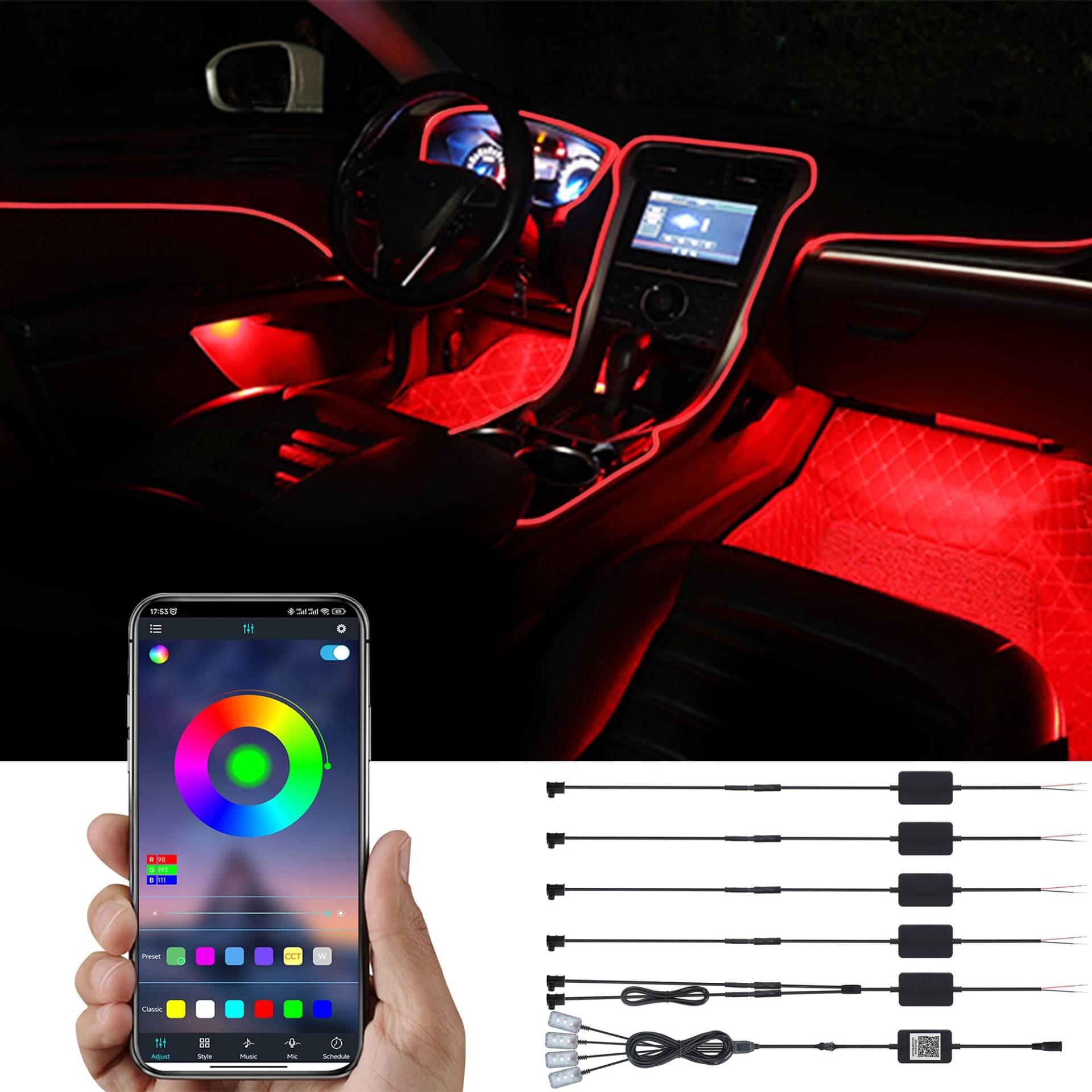 TABEN Auto-Umgebungslicht-Kit, 8 Meter integrierte Glasfaser-Mehrfarbige Fußraum-Atmosphäre-Beleuchtungs-Kits, Musik-Sync-Rhythmus-Sound-Aktive Speicherfunktion, Bluetooth-APP-Steuerung, DC 12V-24V TABEN Auto-Umgebungslicht-Kit, 8 Meter integrierte Glasfaser-Mehrfarbige Fußraum-Atmosphäre-Beleuchtungs-Kits, Musik-Sync-Rhythmus-Sound-Aktive Speicherfunktion, Bluetooth-APP-Steuerung, DC 12V-24V von TABEN