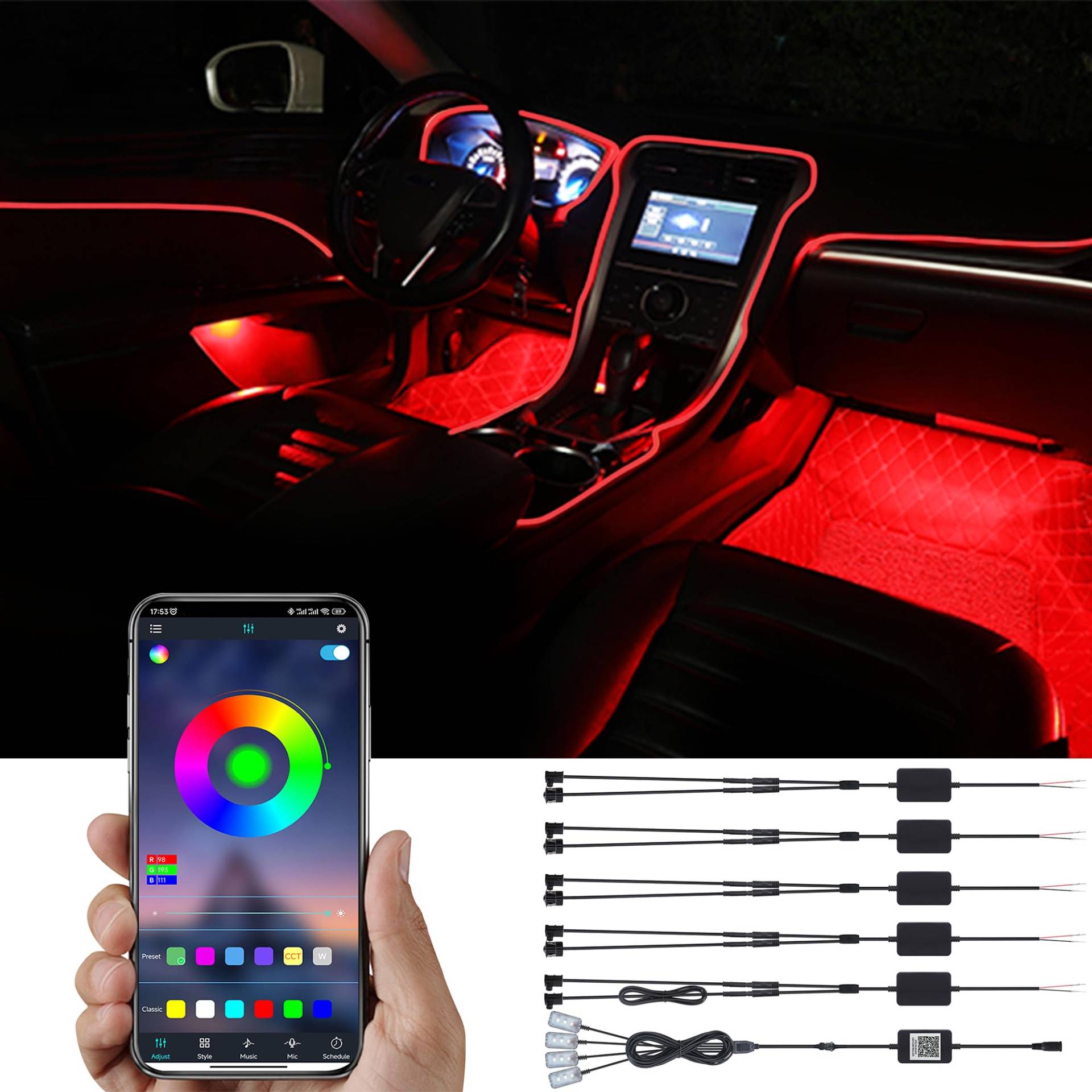 TABEN Auto-Umgebungslicht-Kit, 8 Meter integrierte Glasfaser mehrfarbige Fußraum-Atmosphäre-Beleuchtungs-Kits, Musik-Sync-Rhythmus-Sound-aktive Speicherfunktion, Bluetooth-APP-Steuerung, DC 12V-24V TABEN Auto-Umgebungslicht-Kit, 8 Meter integrierte Glasfaser mehrfarbige Fußraum-Atmosphäre-Beleuchtungs-Kits, Musik-Sync-Rhythmus-Sound-aktive Speicherfunktion, Bluetooth-APP-Steuerung, DC 12V-24V von TABEN