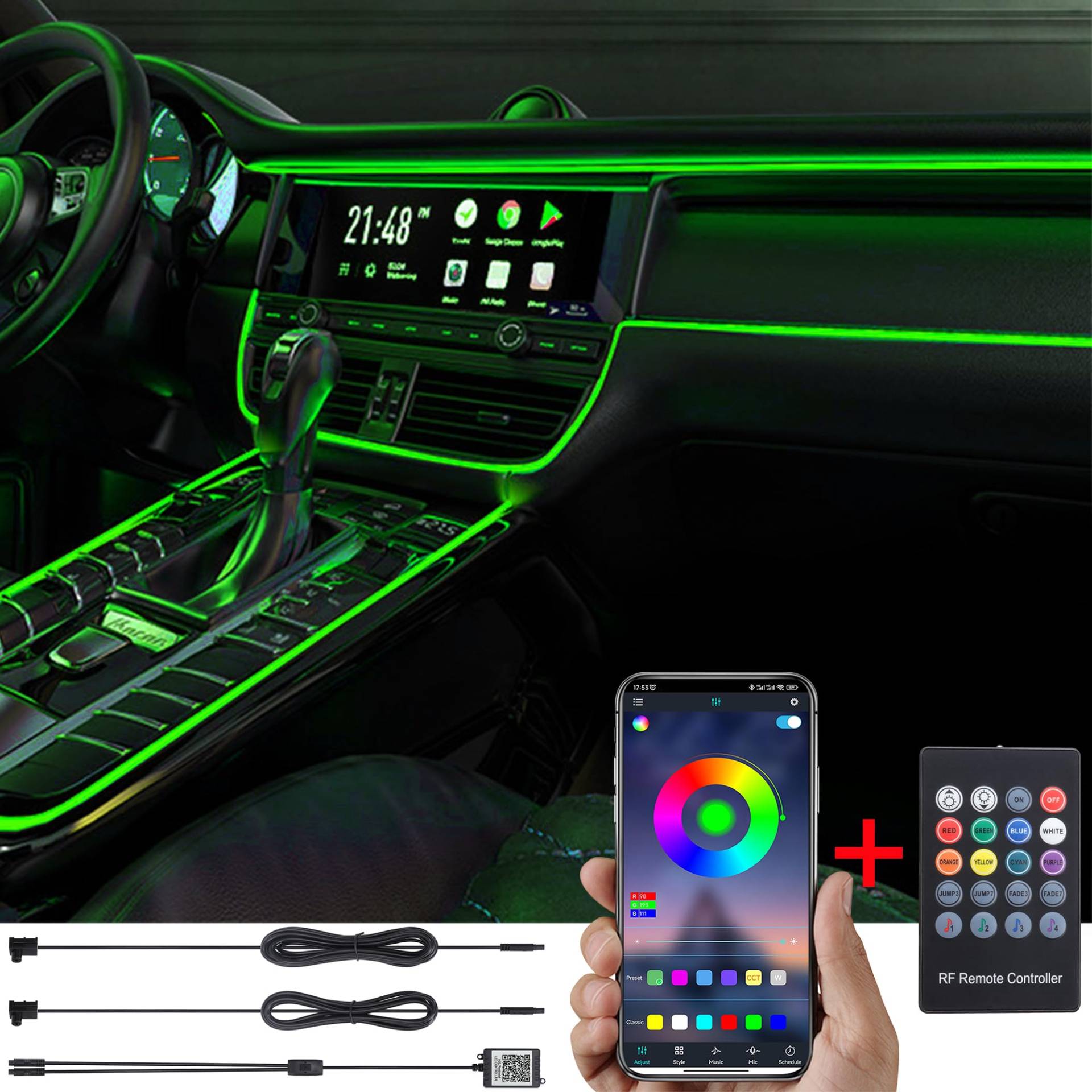 TABEN Auto Umgebungslicht Kit Glasfaser 64 Farben RF-Fernbedienung + Bluetooth-App-Steuerung Mehrfarbig Soundaktive Musiksynchronisierung USB Auto Innenraum Atmosphärenbeleuchtung mit Autoladegerät 3m von TABEN
