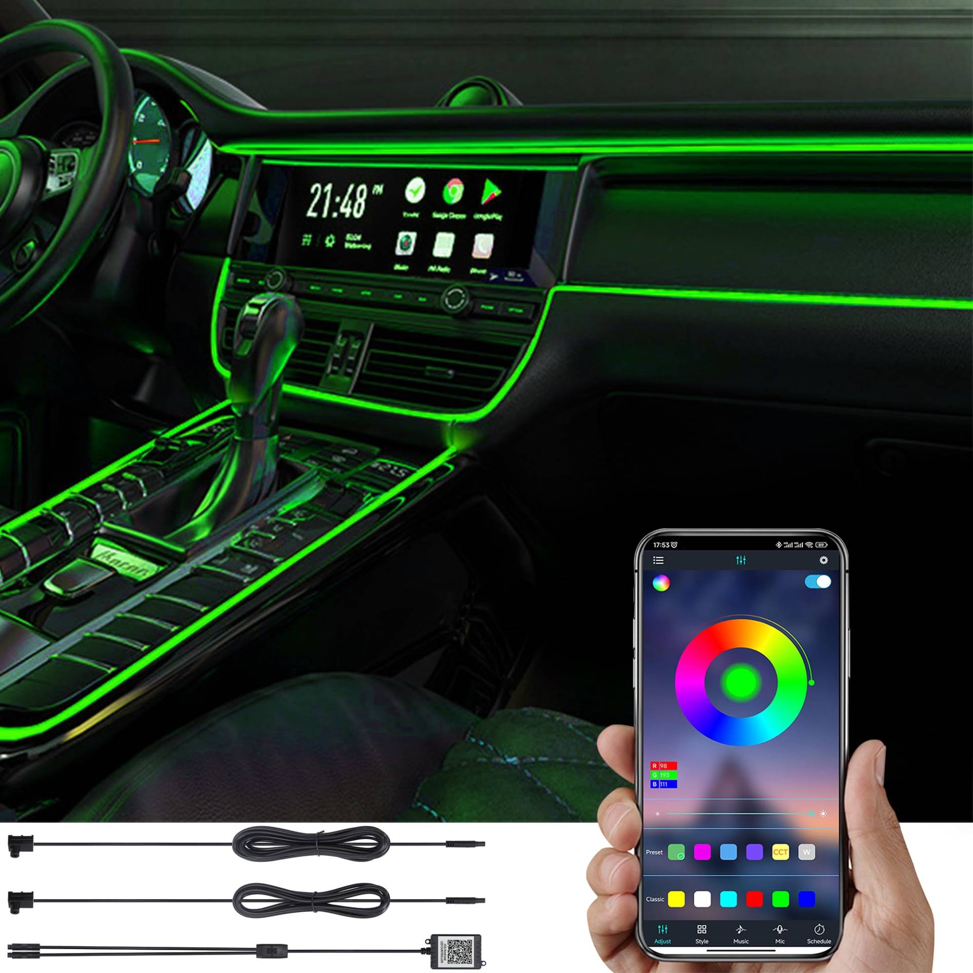 TABEN Auto Umgebungslicht Kit Glasfaser 64 Farben Bluetooth APP Steuerung DIY 16 Millionen RGB Mehrfarbig Soundaktive Musiksynchronisierung Auto Innenraum Atmosphärenbeleuchtung 3 m Glasfaser von TABEN