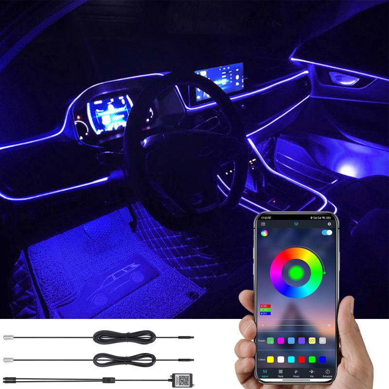 TABEN Auto Umgebungslicht RGB APP Control Dekorative Lampe DIY Flexibles Glasfaserrohr 64 Farben Innenbeleuchtung Atmosphärenlicht 1W DC 12V 3m von TABEN