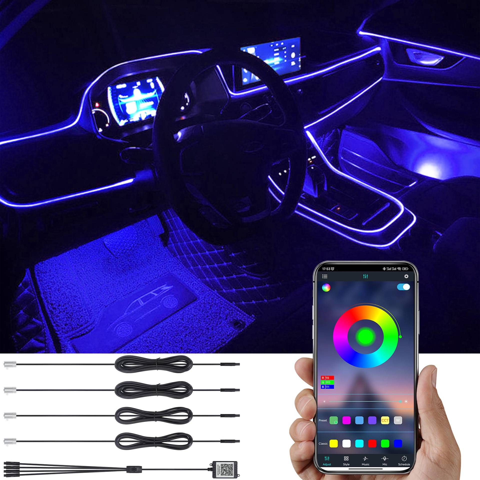 TABEN Auto Umgebungslicht RGB APP Control Dekorative Lampe DIY Refit Flexibles Glasfaserrohr 64 Farben Innenbeleuchtung Atmosphärenlicht 1W DC 12V 4m von TABEN