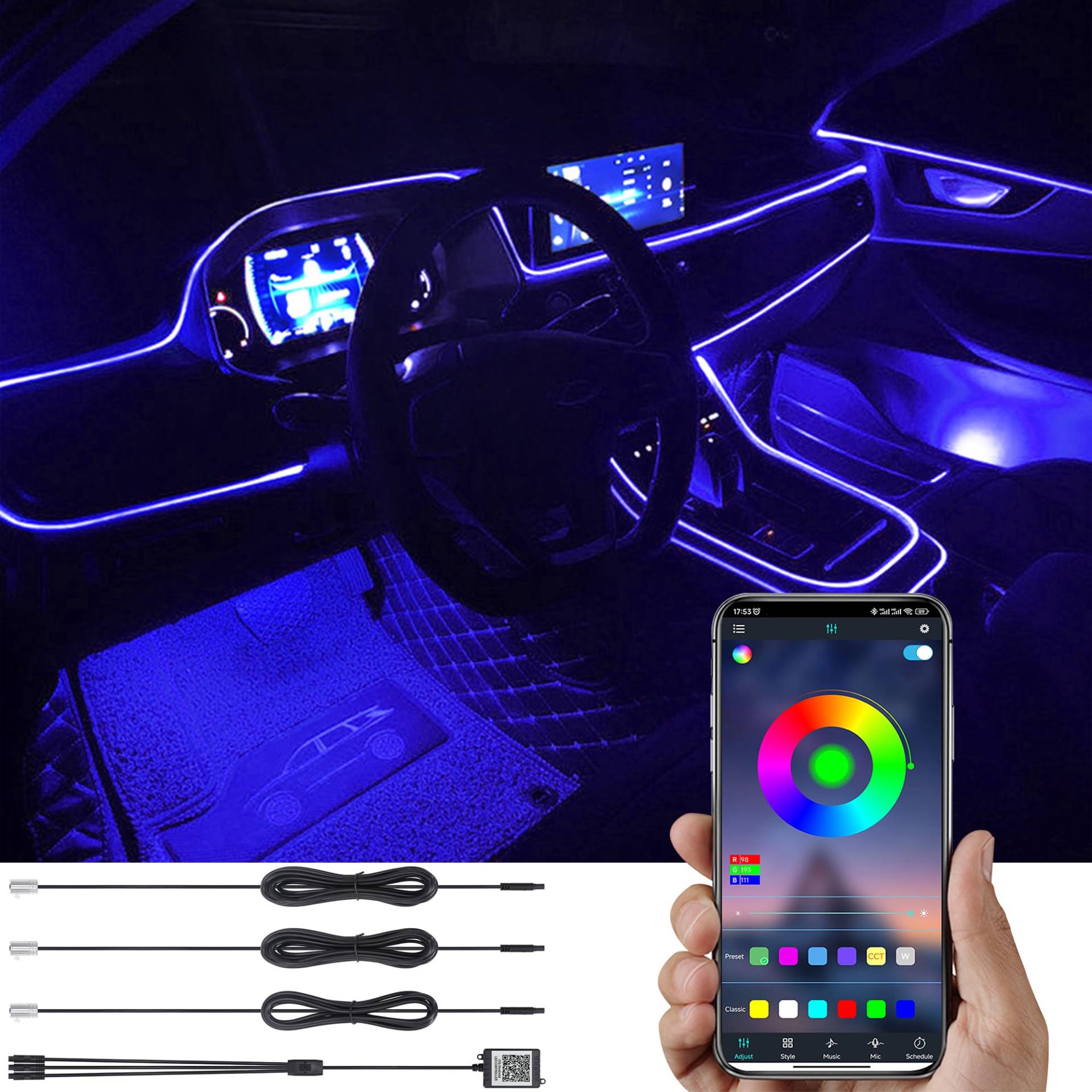 TABEN Auto Umgebungslicht RGB APP Control Dekorative Lampe DIY Refit Flexibles Glasfaserrohr 64 Farben Innenbeleuchtung Atmosphärenlicht 1W DC 12V 4m von TABEN