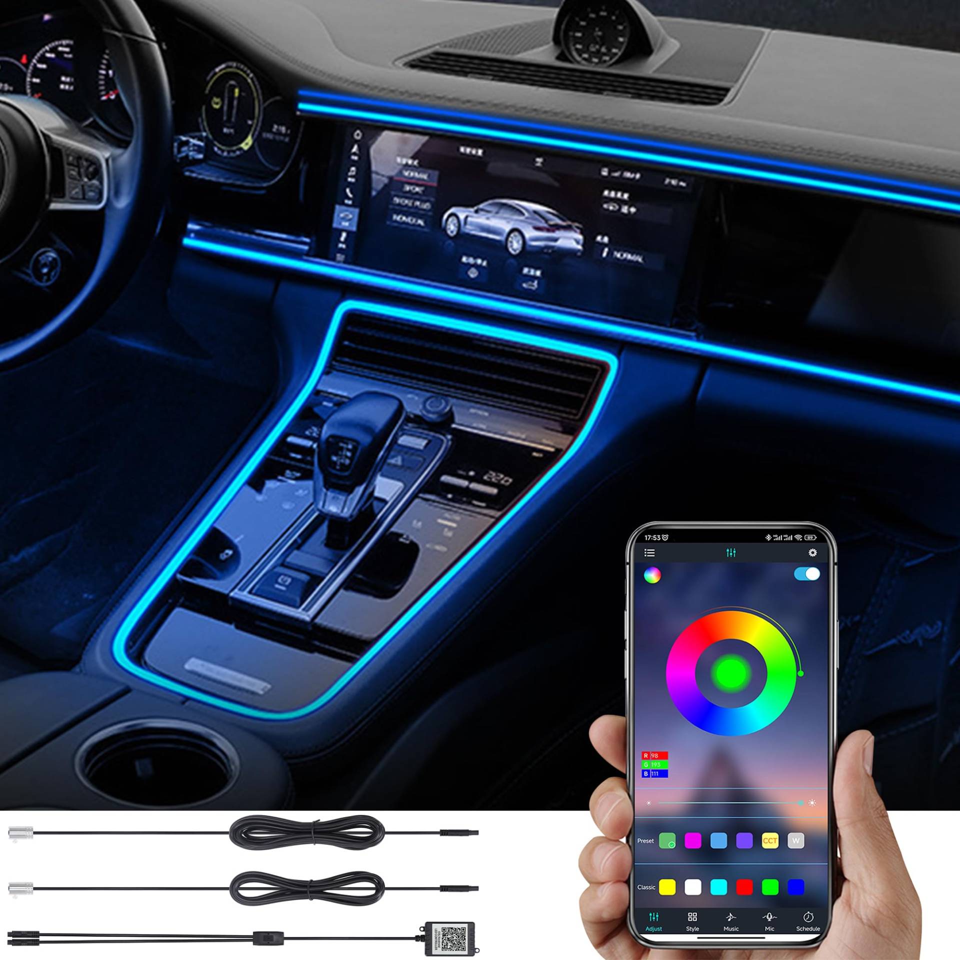 TABEN Auto Umgebungslicht RGB APP Steuerung Dekorative Lampe DIY Refit Flexibles Glasfaserrohr 64 Farben Innenbeleuchtung Atmosphärenlicht 1W DC 12V 3m von TABEN