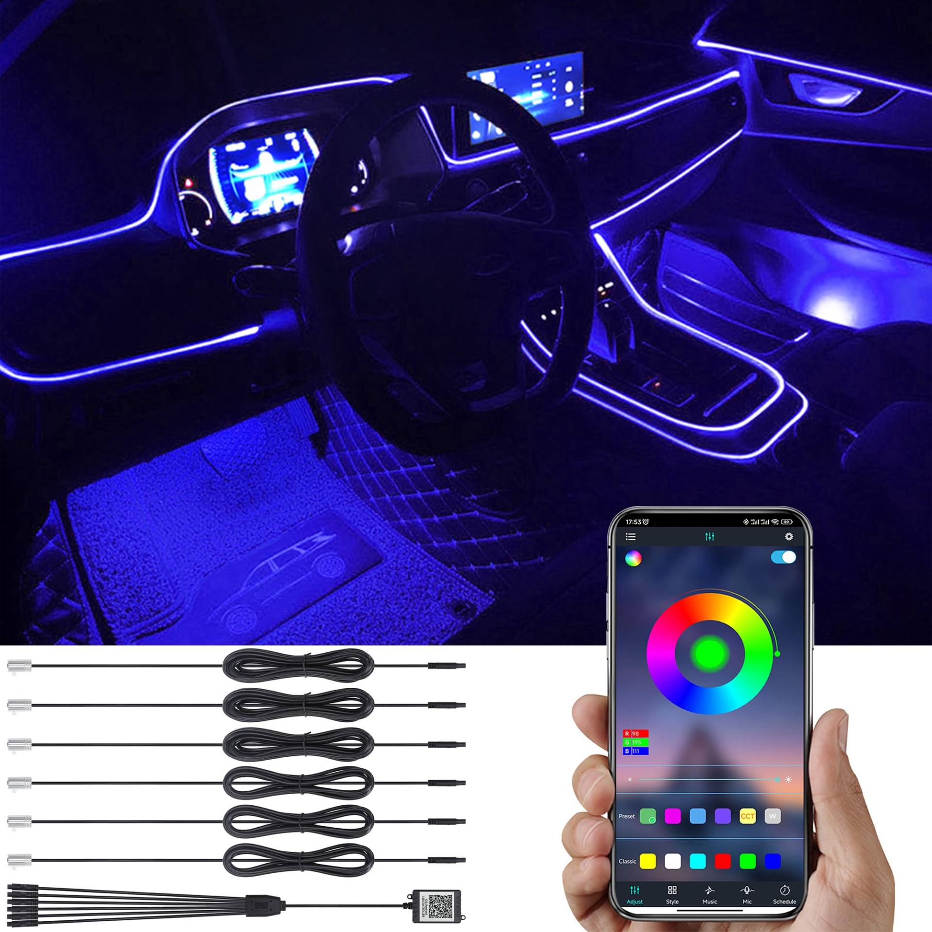 TABEN Auto Umgebungslicht RGB APP Steuerung Dekorative Lampe DIY Refit Flexibles Glasfaserrohr 64 Farben Innenbeleuchtung Atmosphärenlicht 1W DC 12V 8m von TABEN