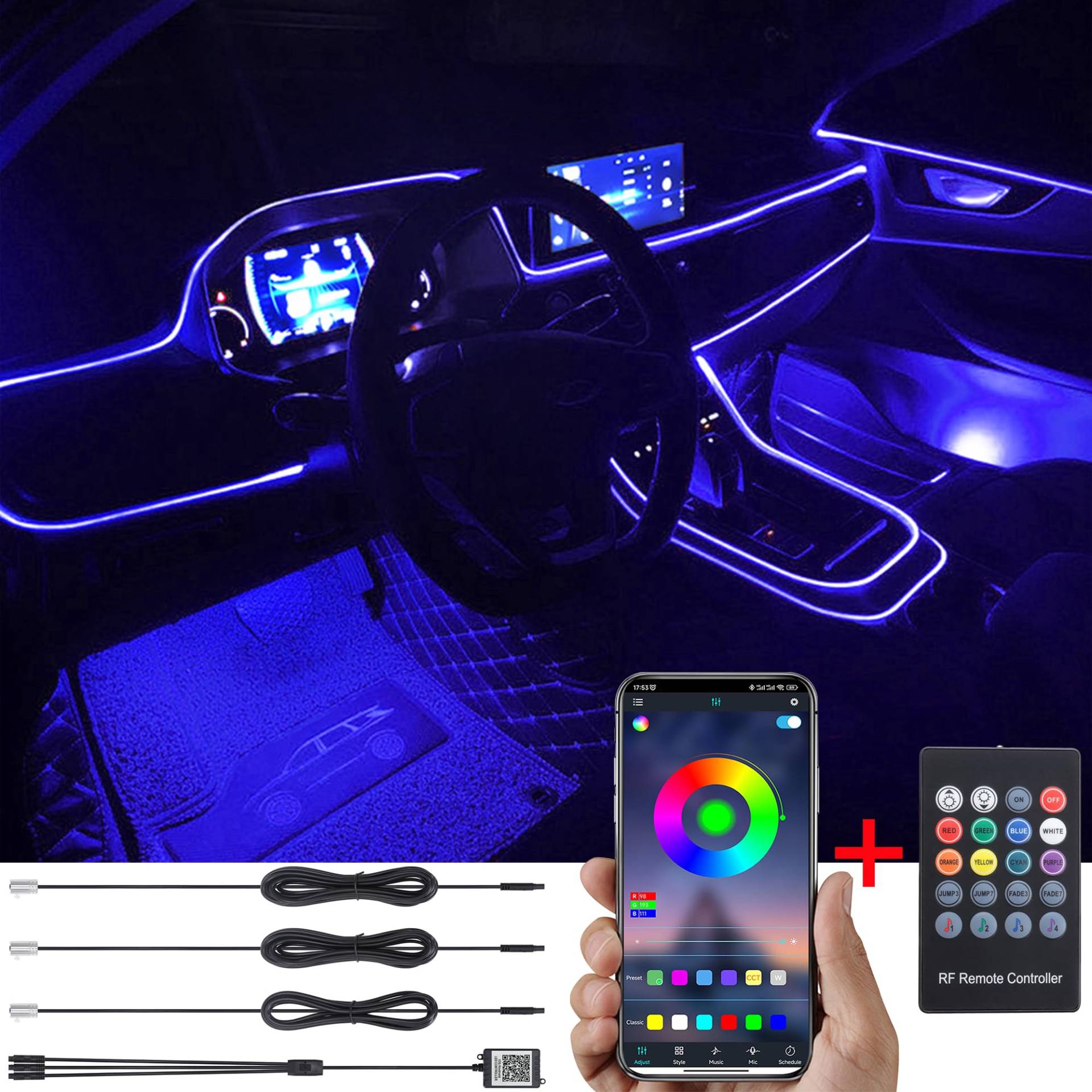 TABEN Auto Umgebungslicht RGB Fernbedienung + APP-Steuerung Dekorative Lampe DIY Refit Flexibles Glasfaserrohr 64 Farben Innenbeleuchtung Atmosphärenlicht 1W DC 12V 4m von TABEN