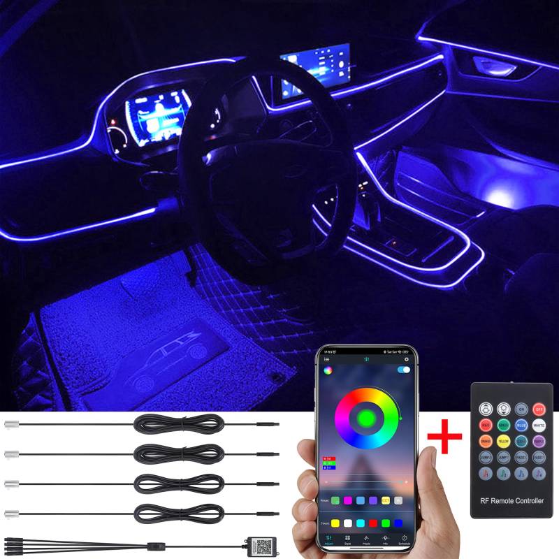 TABEN Auto Umgebungslicht RGB Fernbedienung + APP-Steuerung Dekorative Lampe DIY Refit Flexibles Glasfaserrohr 64 Farben Innenbeleuchtung Atmosphärenlicht 1W DC 12V 5m von TABEN