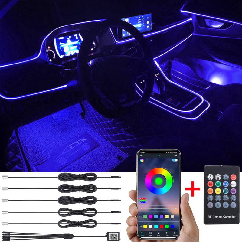 TABEN Auto Umgebungslicht RGB Fernbedienung + APP Steuerung Dekorative Lampe DIY Refit Flexibles Glasfaserrohr 64 Farben Innenbeleuchtung Atmosphärenlicht 1W DC 12V 6m von TABEN