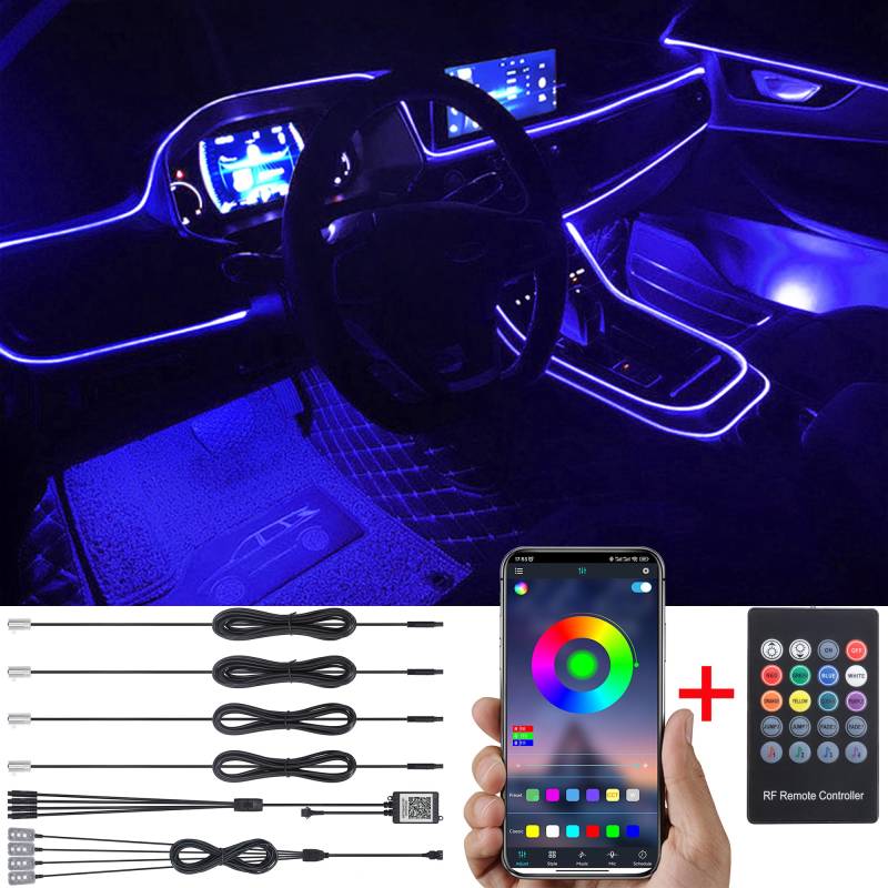 TABEN Auto Umgebungslicht RGB-Fernbedienung + APP-Steuerung Dekorative Lampe DIY Refit Flexibles Glasfaserrohr 64 Farben Innenraum Fußraumbeleuchtung Atmosphärenlicht 1W DC 12V 5m von TABEN