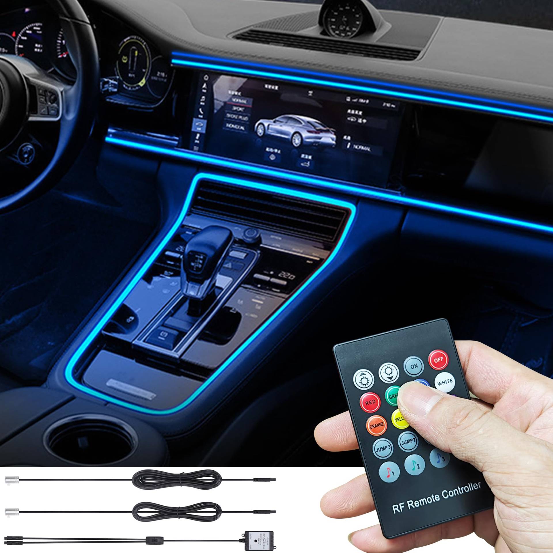 TABEN Auto Umgebungslicht USB Autoladegerät RGB Fernbedienung Dekoratives Licht Lampe DIY Refit Flexibles Glasfaserrohr 8 Farben Innenbeleuchtung Atmosphärenlicht 1W DC 12V 3m von TABEN