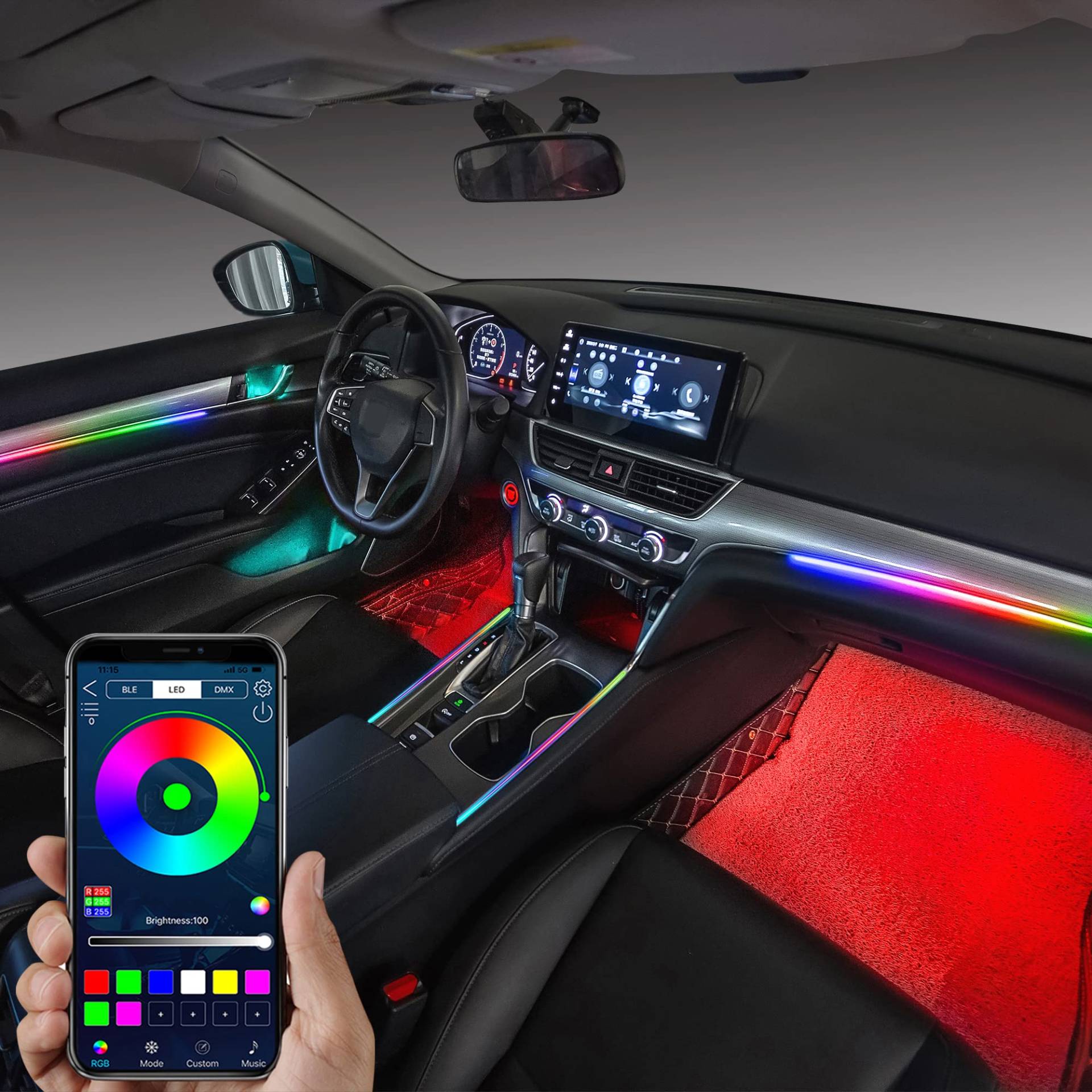 TABEN Magie Rainbow RGB Auto Umgebungsbeleuchtung Kit Digitale Module 1.1mm Lichtleiste Zwei Partitionen App Steuerung + Taste Steuerung Mehrfarbige 16,7 Millionen Farben Musik Synchronisation 12V von TABEN
