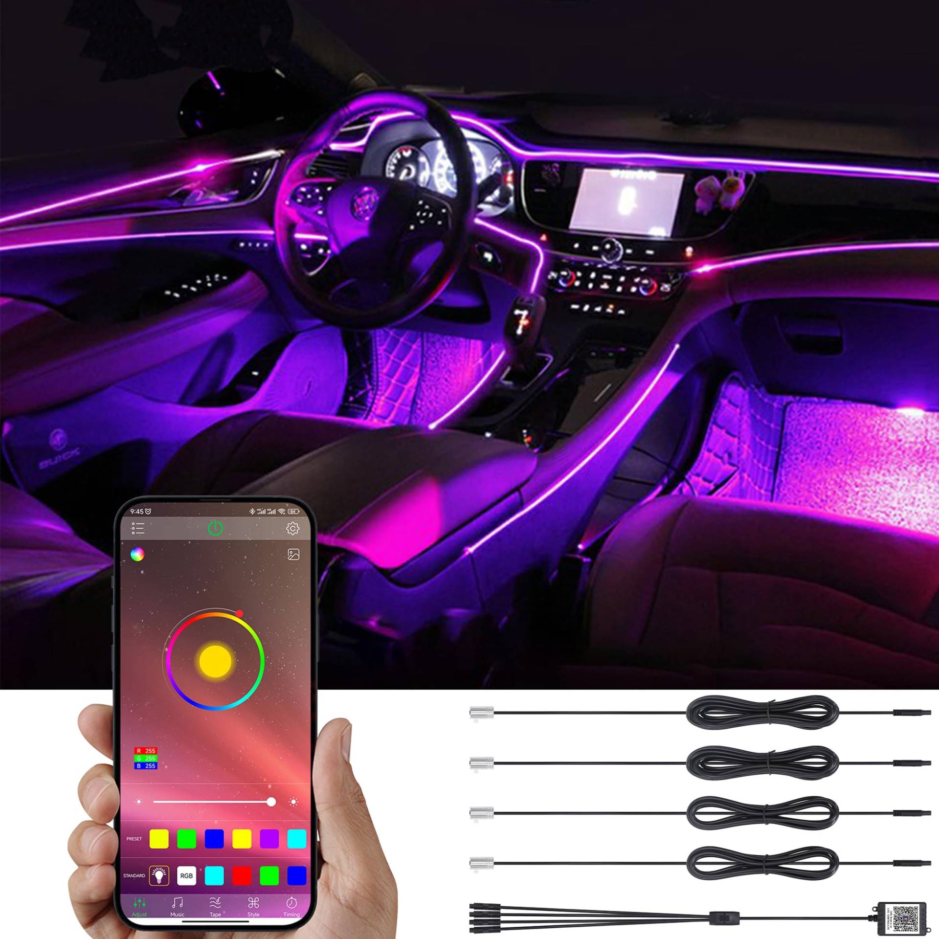 TABEN Neonleuchtleisten für das Auto, 4-teiliges Set, mit 8 Farben, zur Autodekoration, Stimmungslicht, Innenraumbeleuchtung, wasserdicht, DC12V (1 Set) von TABEN