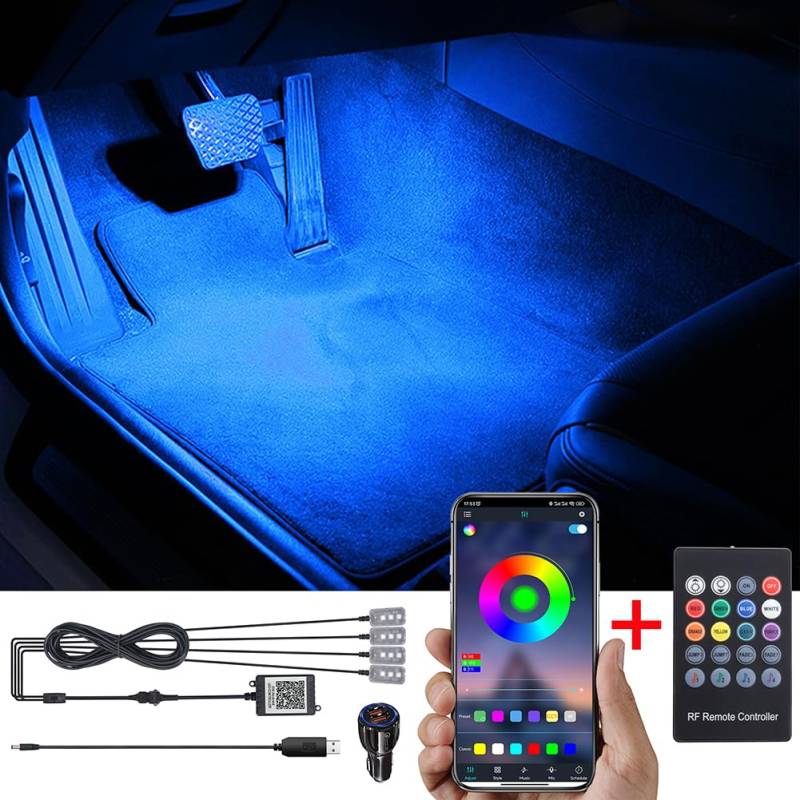 TABEN RGB Auto Fußraum Ambientebeleuchtung Kit APP-Steuerung + RF Fernbedienung, 16.7 Millionen Farben Sound Aktive Musik Sync Autoladegerät + USB Kabel Car Innenraum Fußraum Atmosphäre Licht DC 12V von TABEN