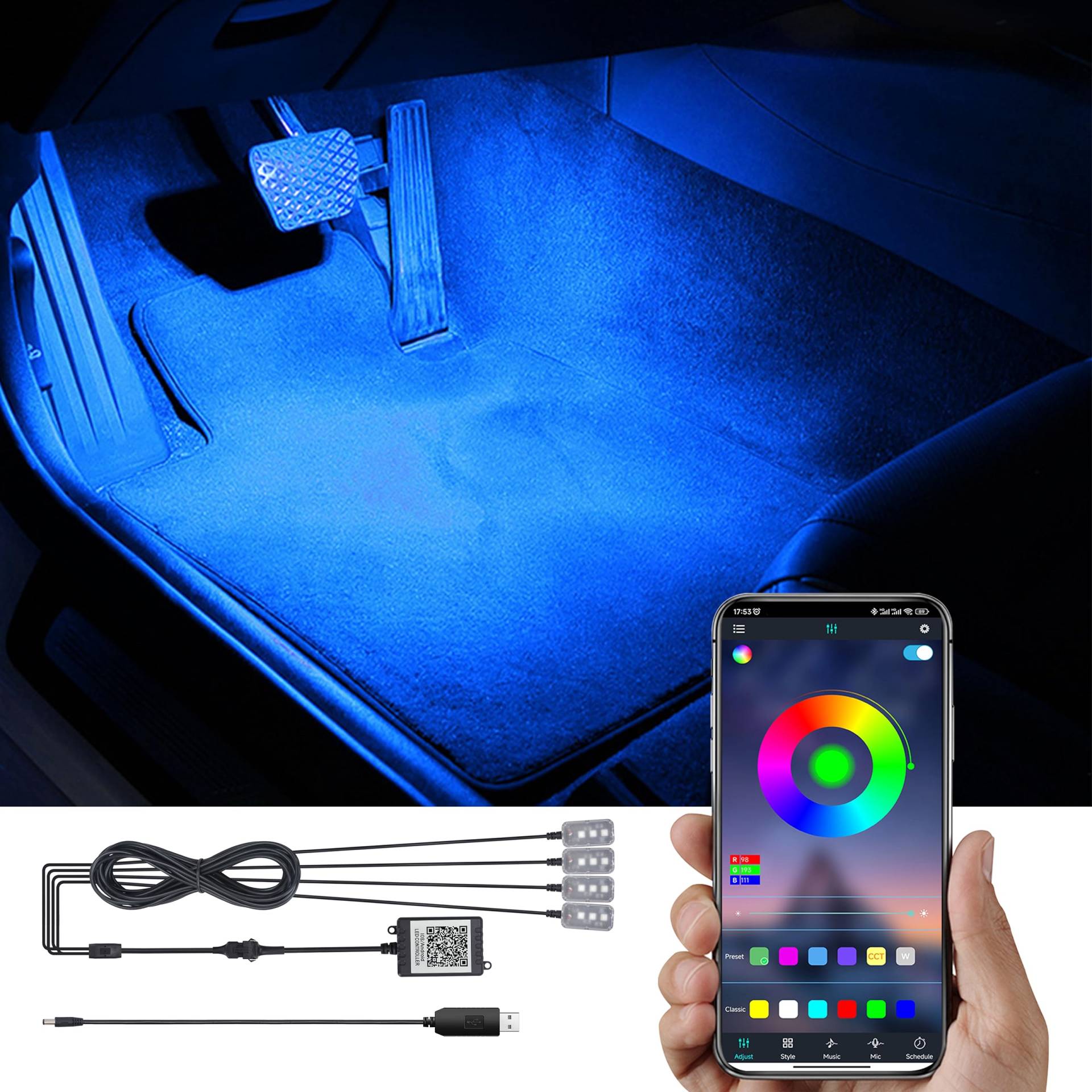 TABEN RGB Auto Fußraum Ambientebeleuchtung Kit APP-Steuerung 16.7 Millionen Farben Sound Aktive Musik Sync USB Kabel Car Innenraum Fußraum Atmosphäre Licht DC 12V von TABEN