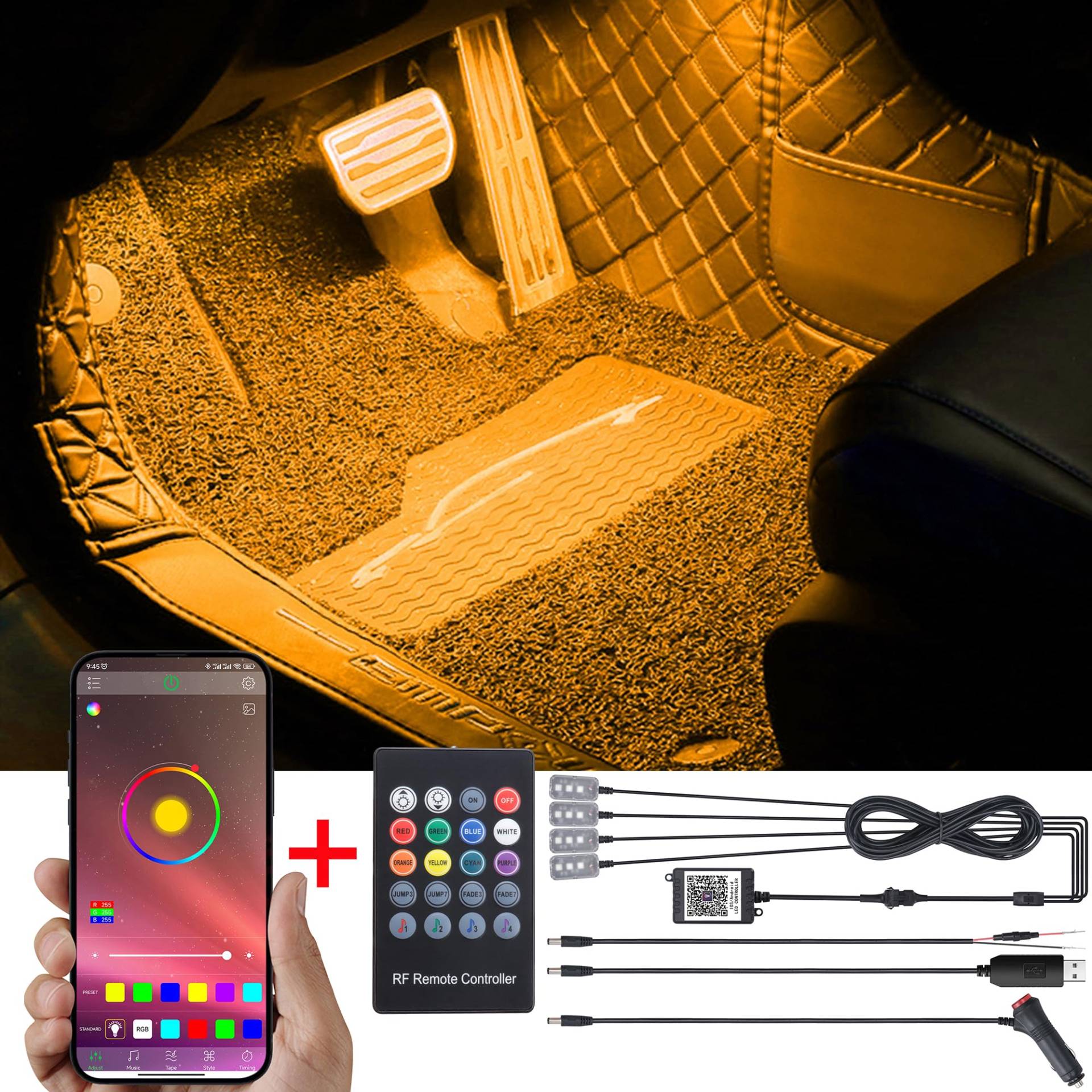 TABEN RGB Innenraum-Umgebungslicht-Kit, 4-teilig 48-APP-Controller + RF-Fernbedienung, Synchronisierung mit Musik Sound Aktive Speicherfunktion Fahrzeugbeleuchtung mit Autoladegerät DC 12V TABEN RGB Innenraum-Umgebungslicht-Kit, 4-teilig 48-APP-Controller + RF-Fernbedienung, Synchronisierung mit Musik Sound Aktive Speicherfunktion Fahrzeugbeleuchtung mit Autoladegerät DC 12V von TABEN
