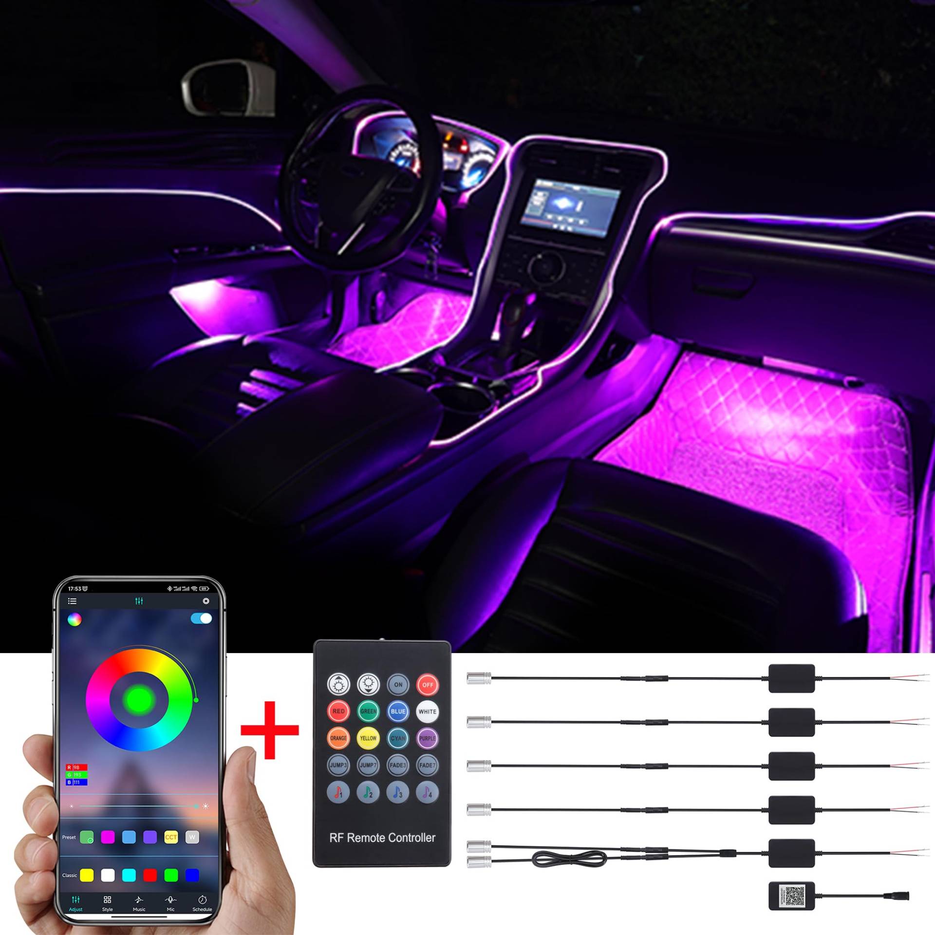 TABEN Umgebungslicht APP Control + RGB-Fernbedienung Auto Atmosphärenlicht Lampe Soft DIY Refit 8m Glasfaserband 64 Farben Innenbeleuchtung Dekoratives Licht 1W DC 12V-24V von TABEN